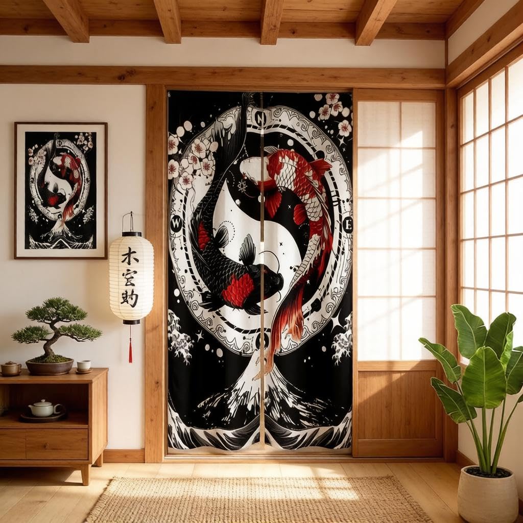 Loussiesd Japanese Koi Door Curtain Privacy Panel - Indoor Curtains for Living Room - 106X203Cm Japanese Style Cherry Blossom Home Decoration