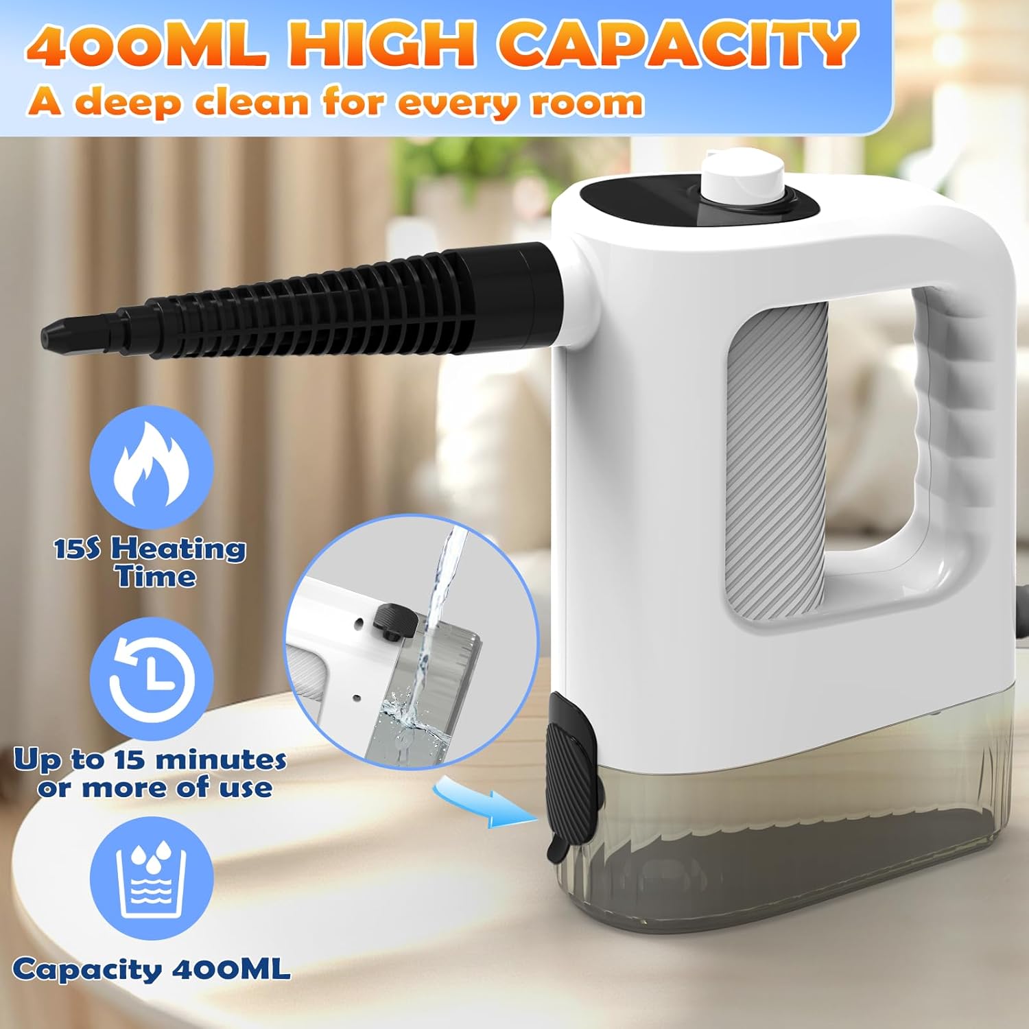 Steam Cleaner, 3-Level Adjustable Handheld Steam Cleaner, 15s Heat-Up, 400ML Large Capacity Steamer Cleaning with 14 pcs Accessories, Portable Steam Cleaner for Home for Dirt, Grease, Tile,Floor, Car