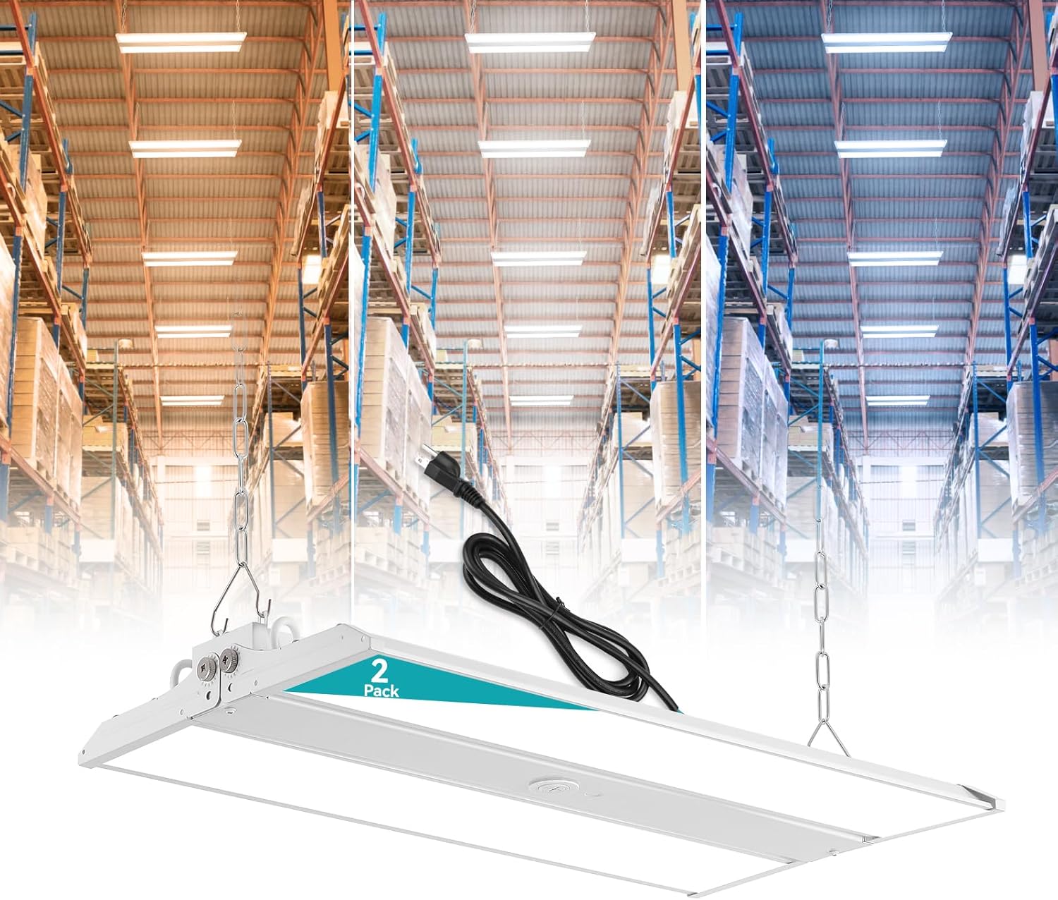 LED Linear High Bay Light 3FT, 0-10V Dimmable, 300W/250W/200W Selectable, 4000K/5000K/6000K, Adjustable Angle Warehouse Workshop Commercial Industrial Lighting, ETL, with 5.25ft Cord, 2-Pack