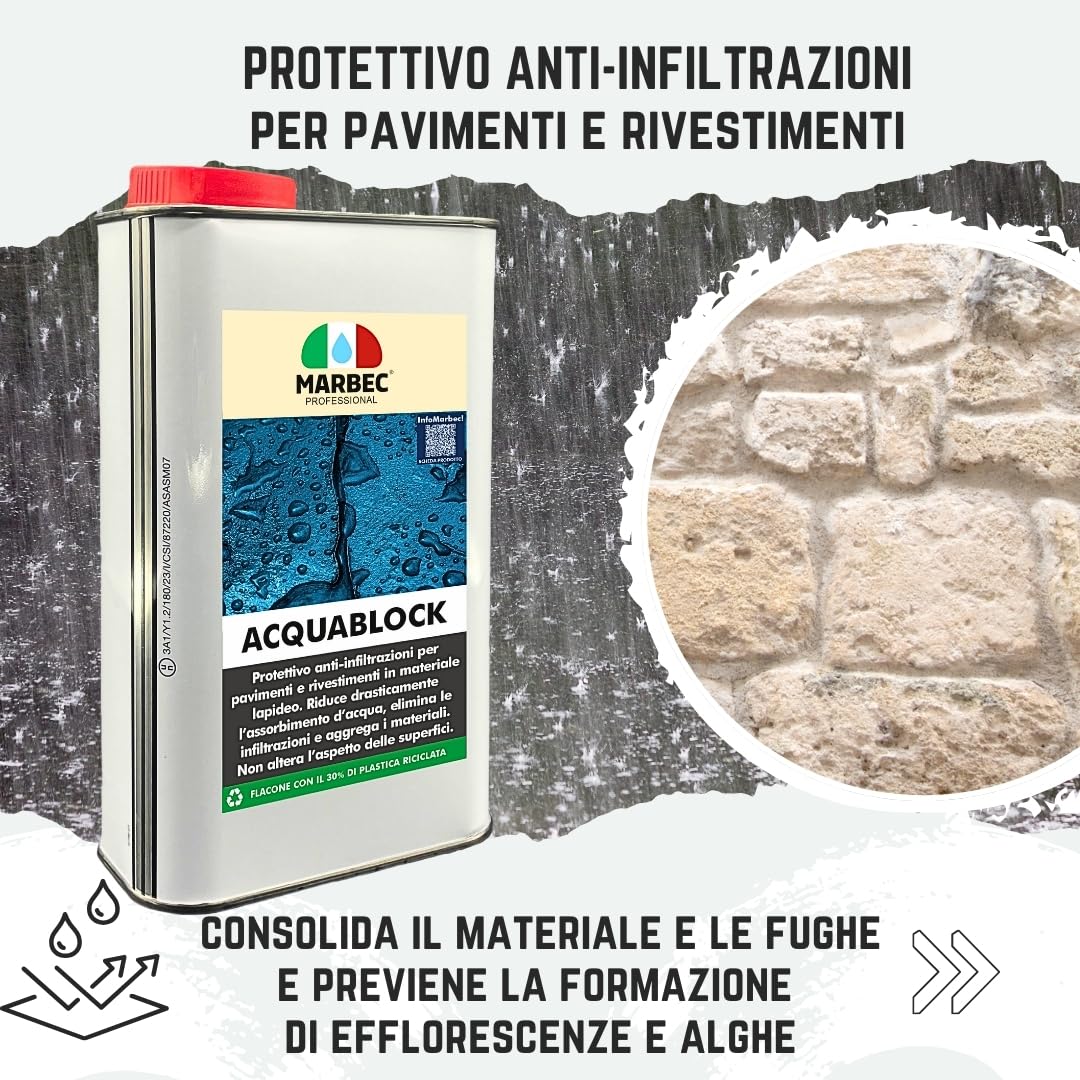 MARBEC ACQUABLOCK 1LT Protettivo consolidante anti infiltrazioni invisibile per pavimenti, rivestimenti, terrazze e docce interne ed esterne
