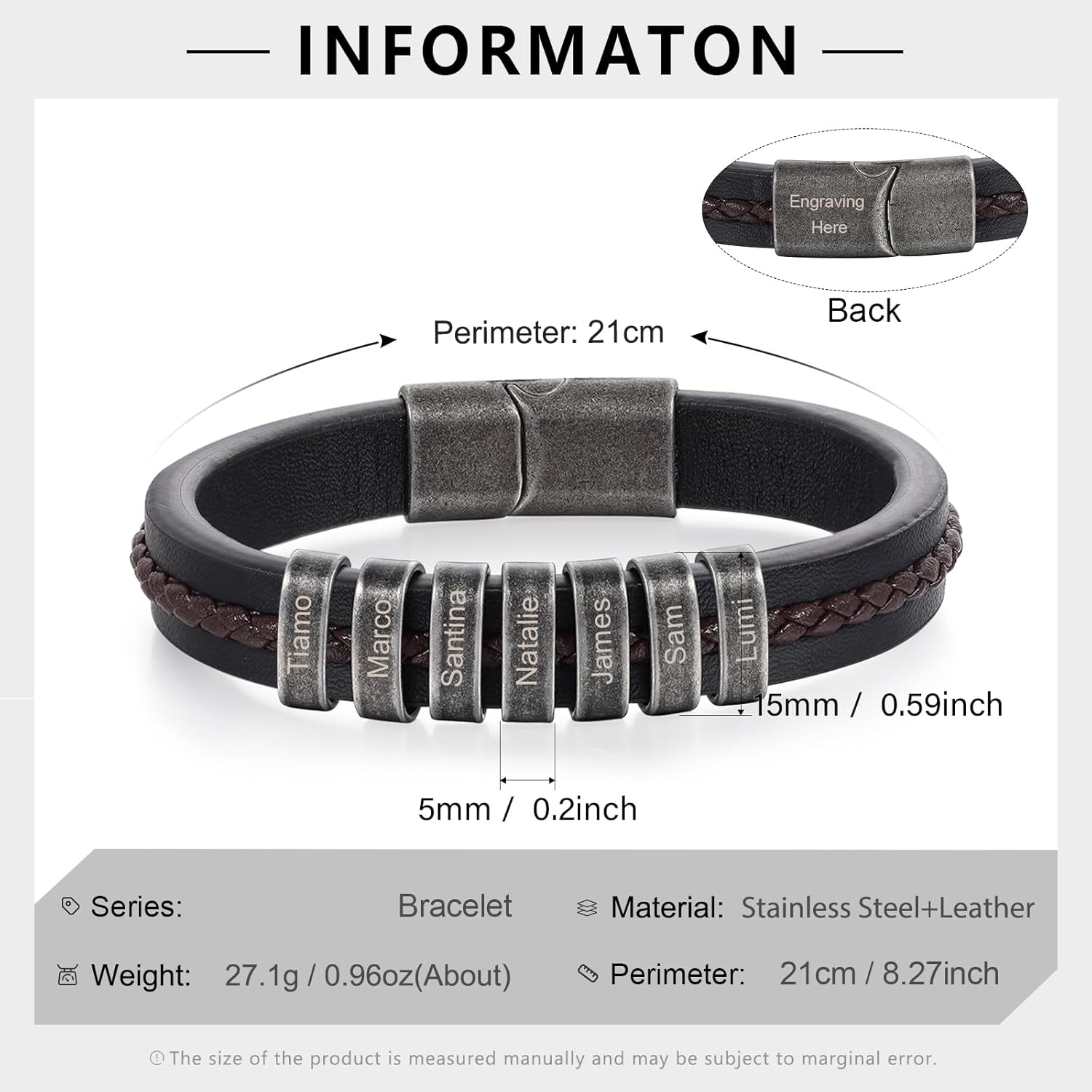 Personalized Bracelet for Men Custom Leather Braided Bangle Engraved Name Beads Fathers Day Jewelry Gifts for Dad Him Husband