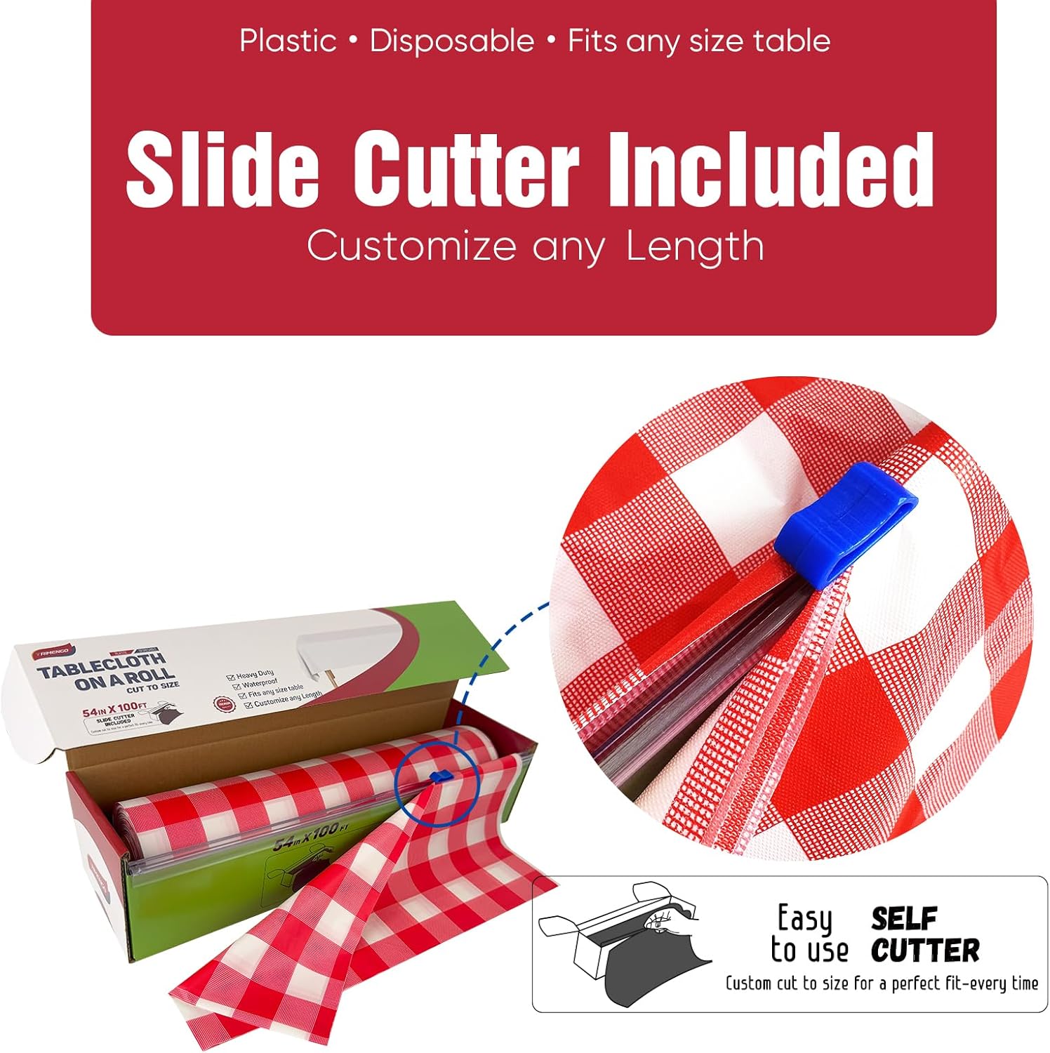 54in x 100Ft Red Gingham Plastic Table Cloth Roll with 12 Pcs Stainless Steel Clips, Disposable Table Cover Roll in A Cut-to-Size Box with Slide Cutter, Tablecloth for Parties, Birthdays - Image 4
