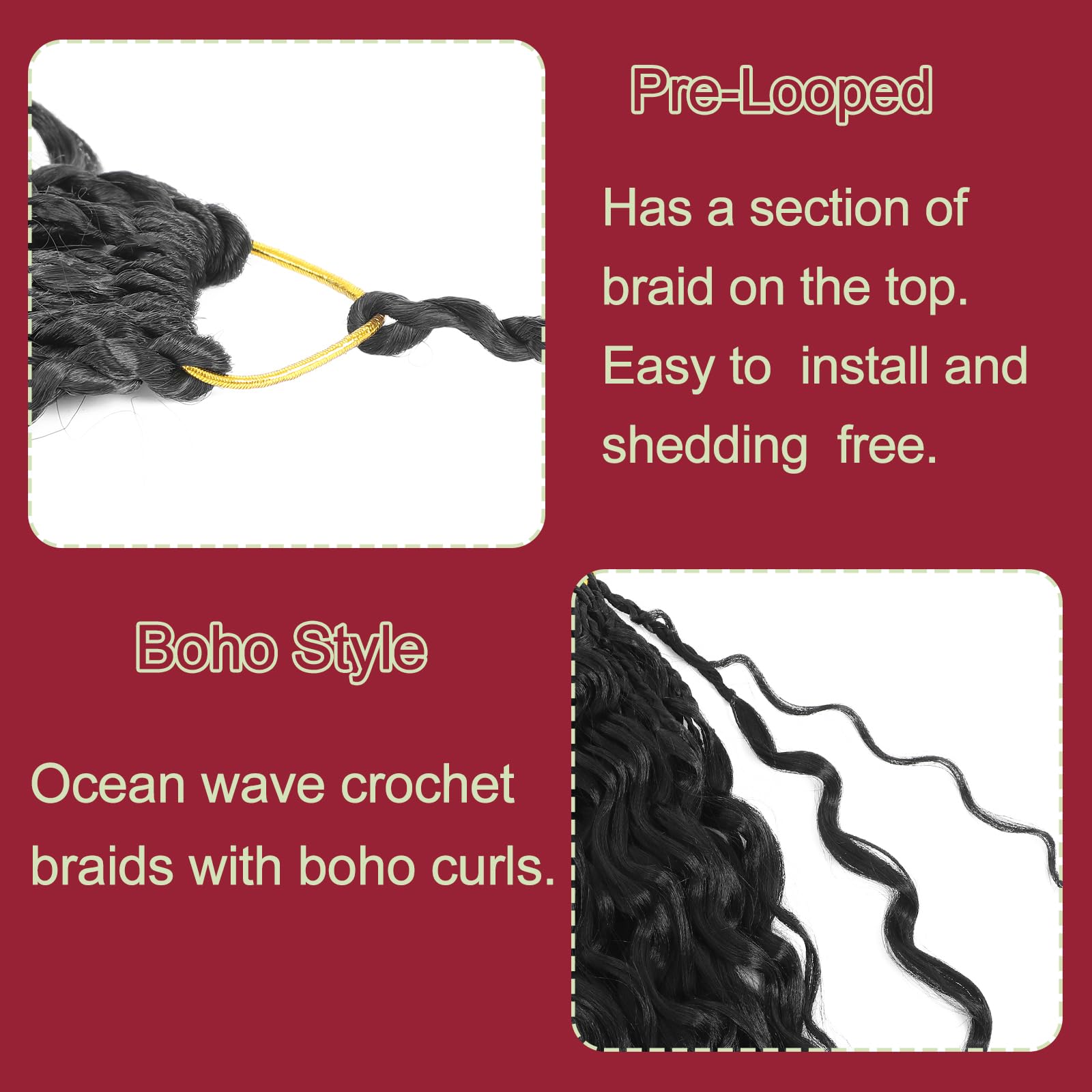 MLETUILPS Pre Looped Ocean Wave Crochet Hair 8 Packs Boho Curly Crochet Hair Short Ocean Braids Pre Twisted Synthetic Deep Wavy Crochet Braids for Women (1B# - Image 2