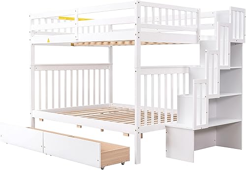 Miniatura 5 de Literas de tamaño matrimonial con escaleras y cajones de almacenamiento marco de litera de madera con estantes de almacenamiento para niños niñas