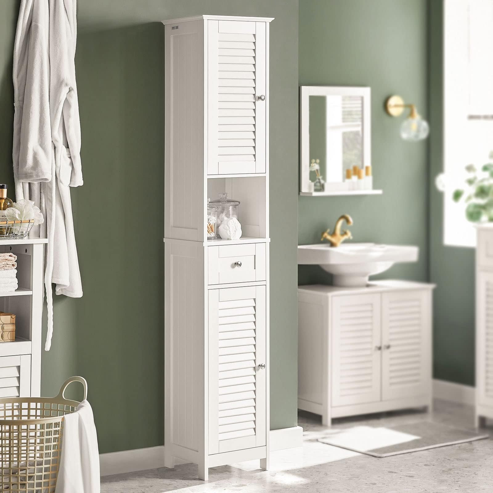 Narrow Bathroom Storage Cabinet, 67" Tall Skinny Bathroom Shelf with Drawers, Freestanding Corner Cabinet with Adjustable Shelves for Laundry Room, White, FRG236-W