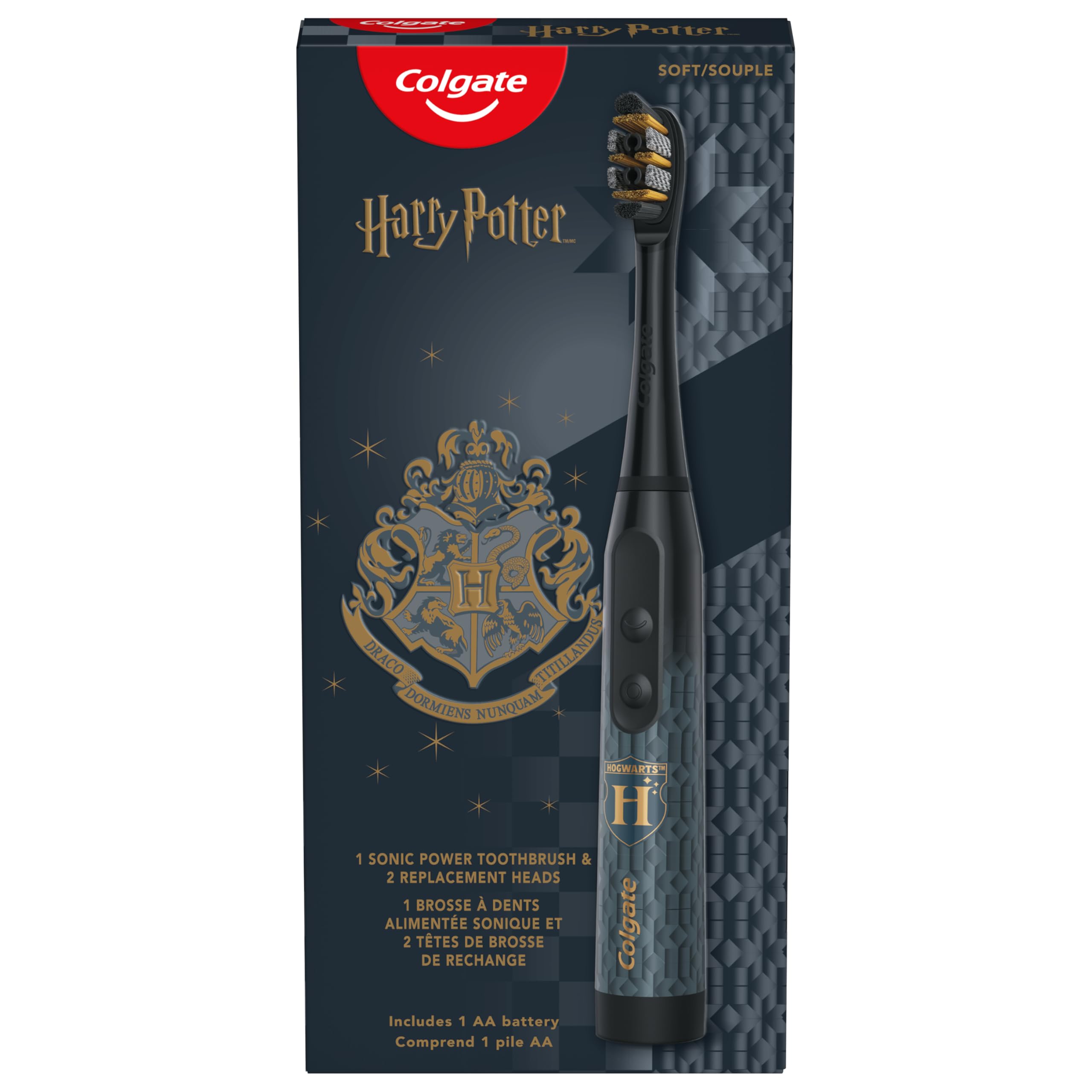 Colgate Harry Potter - Cepillo de dientes eléctrico con 2 cabezales de cepillo para adultos, funciona con pilas, suave