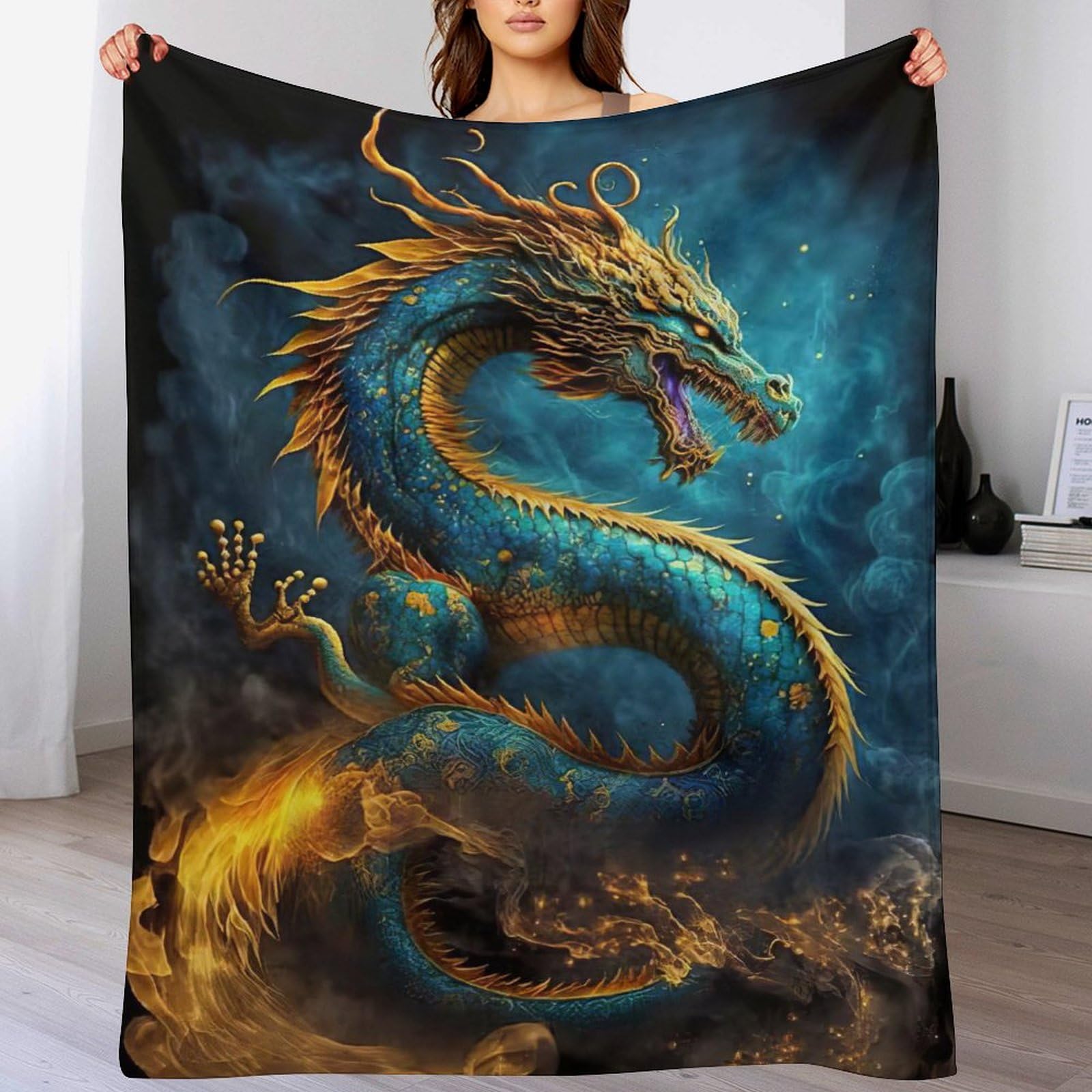 Manta de franela con dragón 3D forro polar suave para sofá y cama de 130x180 cm