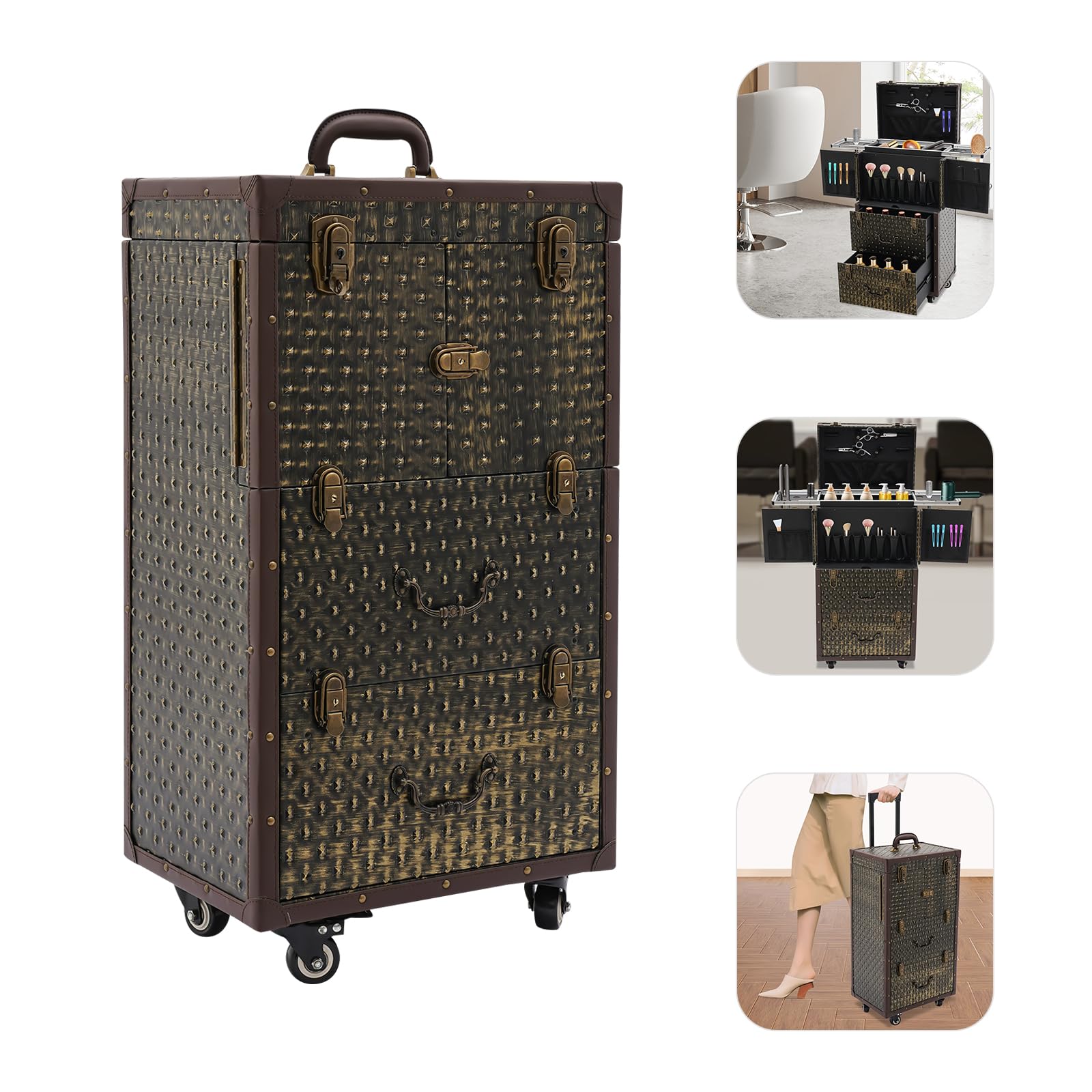 Equipaje Cosmético Tren Cosmético Equipaje de Salón de Belleza, Estuche de Tren de Maquillaje con Ruedas y Cerradura Carrito de Peluquería Estilista Salón de Belleza Equipaje Cos