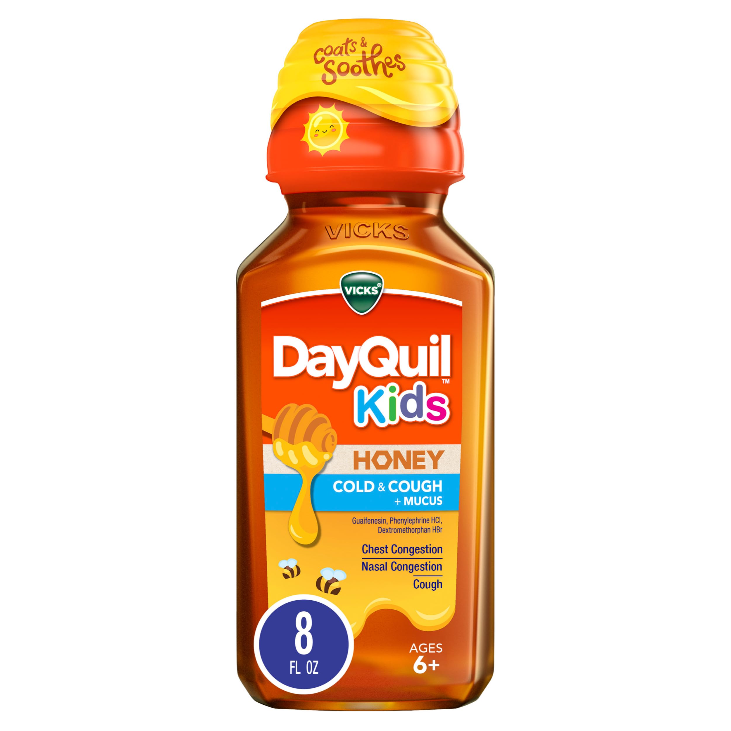 VicksDayQuil Kids Cold and Cough + Mucus Relief Made with Real Honey for Kids 6+ Tastes Great 8oz