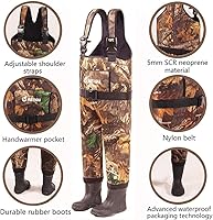 Vista 2 de Vadeador de pecho térmico e impermeable de neopreno para niños de 0.197 in con botas de goma, Hoja de arce camuflaje