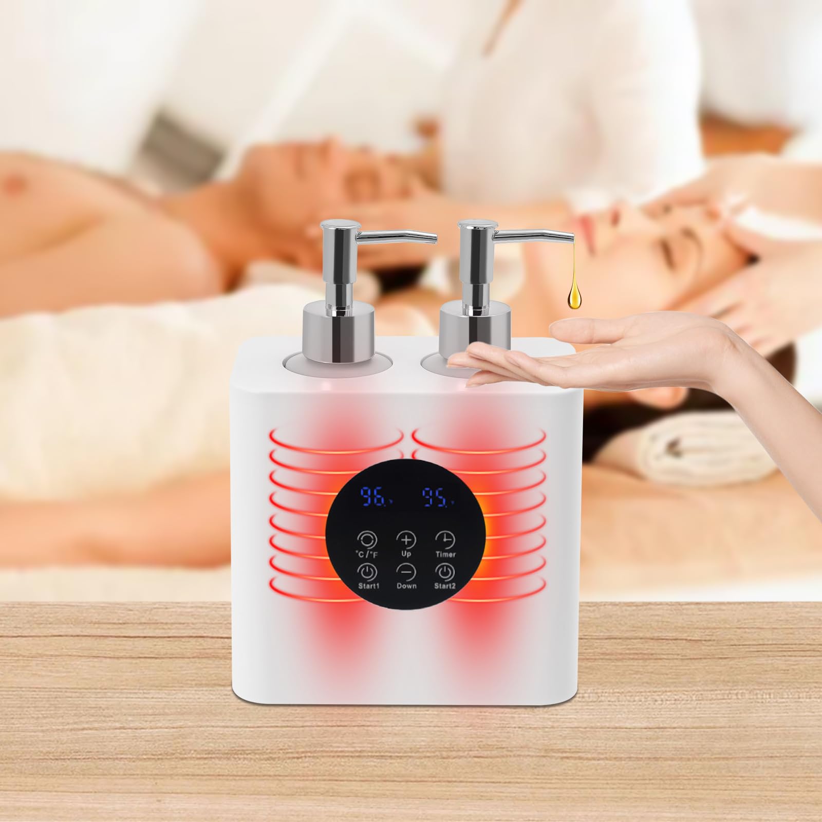 100 W, 250 ml, model podwójnej butelki, olejek do masażu, podgrzewacz olejku do masażu z wyświetlaczem LED i 4 butelkami na olejki eteryczne, regulowany czas 0,5-24 h, regulacja temperatury 30℃-65℃