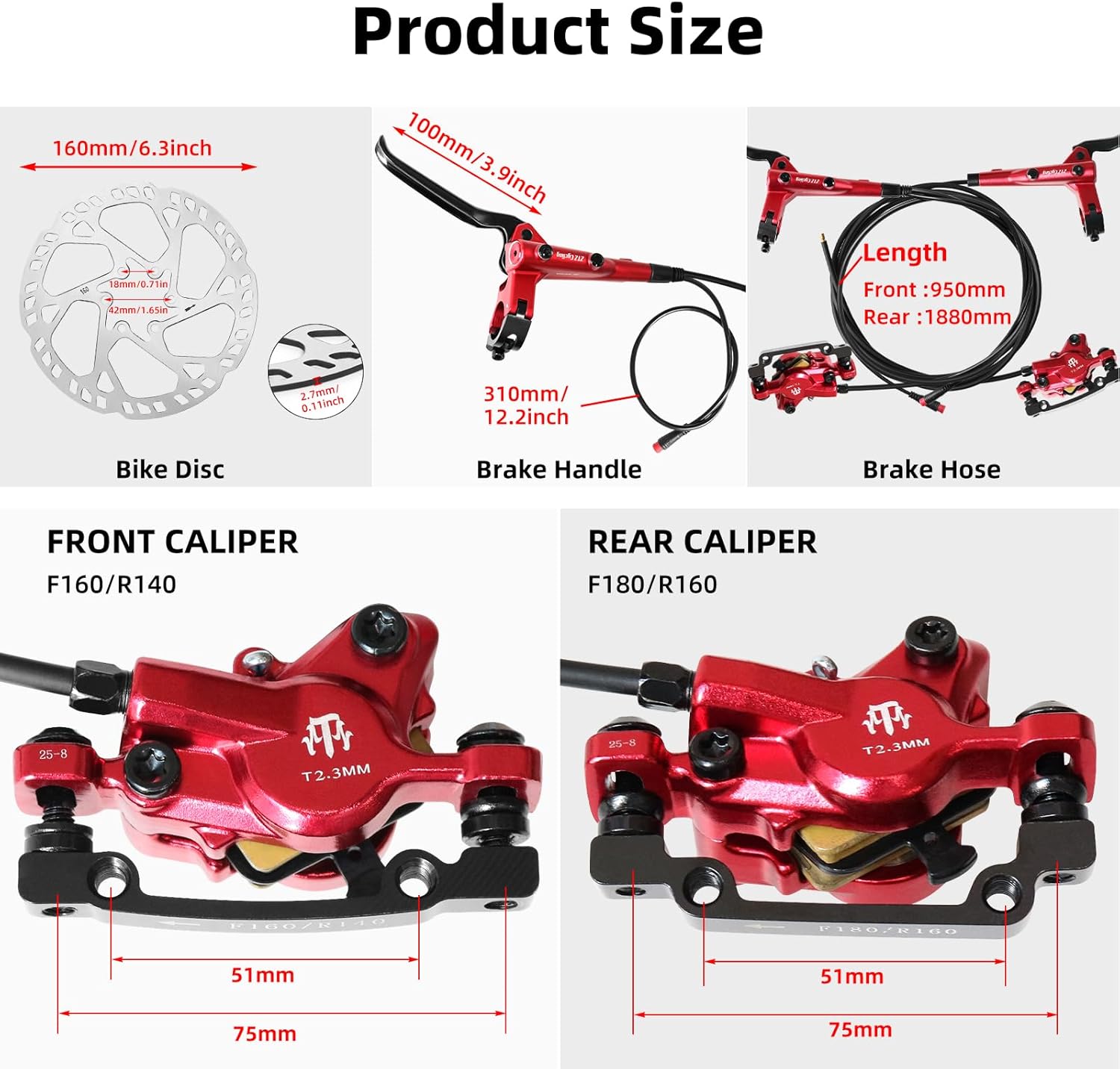 ZTZ eBike Hydraulic Brake Set with 160mm Rotors,2-Piston 2-PIN Power-Off Hydraulic Disc Brake for E-Bike,Left Front 950mm Right Rear 1880mm Electric Bike Hydraulic Brakes