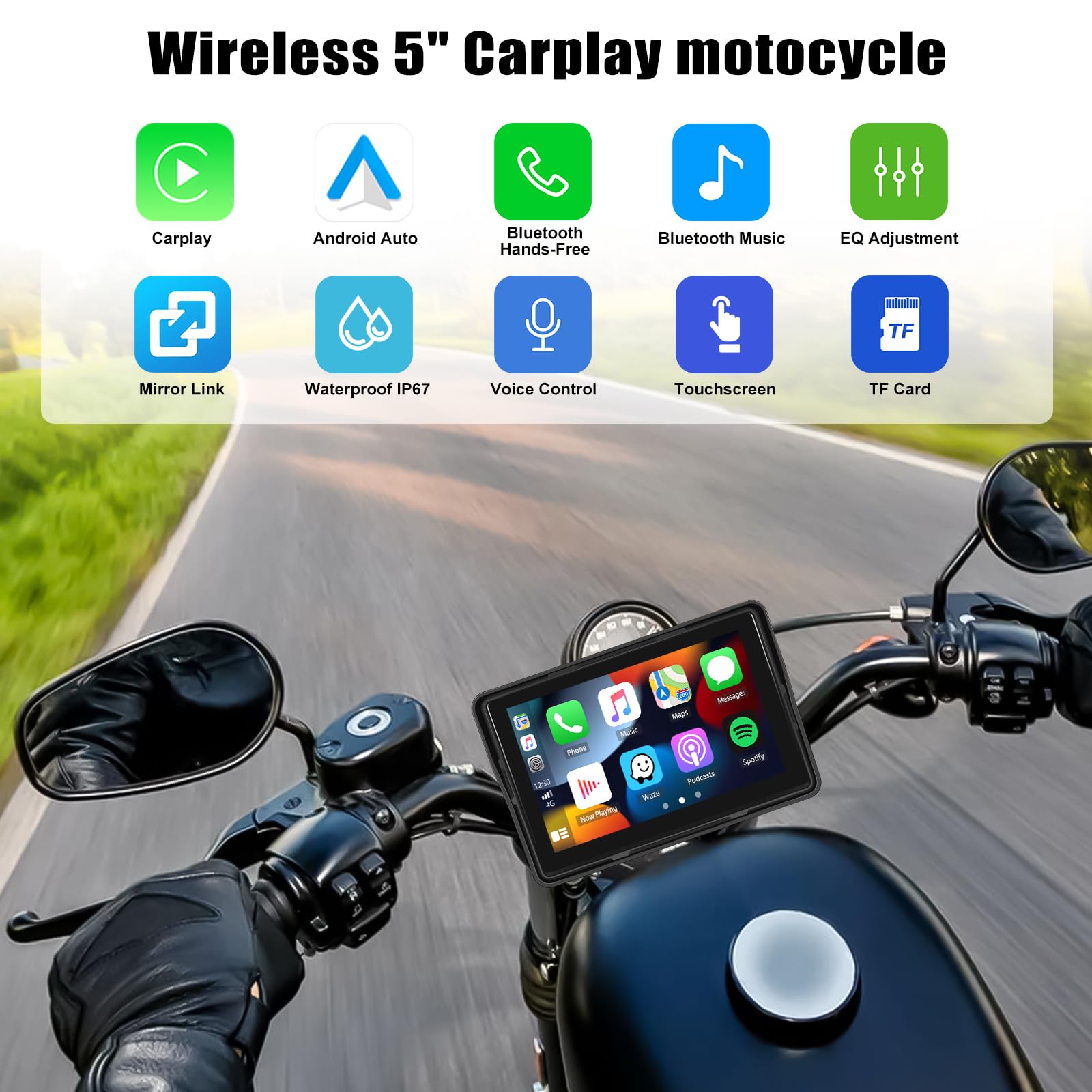 CAMECHO [2025] Carplay Motorbike Navi Schermo per Moto, 5 Pollici HD Touch Screen Impermeabile Dispositivi di Navigazione Moto con Seenza Fili Carplay Android Auto Bluetooth Display avec GPS FM EQ