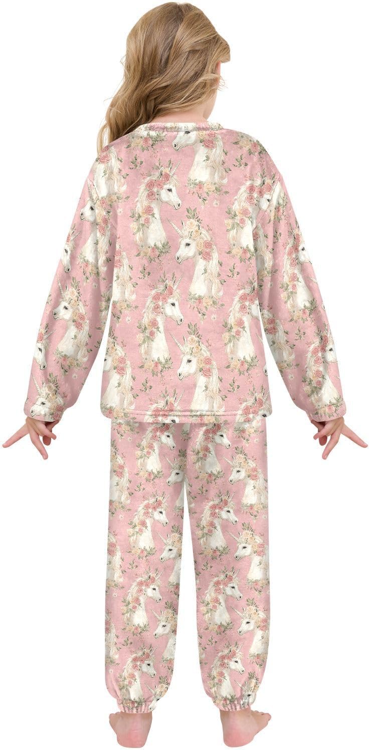 Rose Unicorn Pink Plush Pajama Sets Soft Flannel Fleece Sleepwear