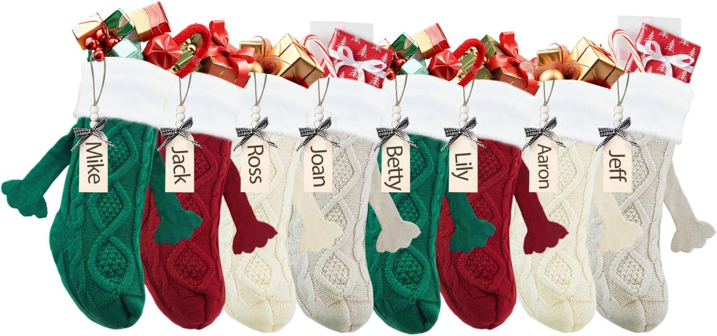 White Plush Cute Holding Hands Christmas Stockings With Name Tags, 18Inches Large Cable Knitted Personalized Xmas Stocking For 2024 Xmas Kids Gift, Family Fireplace Holiday Party Decoration(8 Pc) 8 Pack Red, Ivory, Green, Khaki-velvet