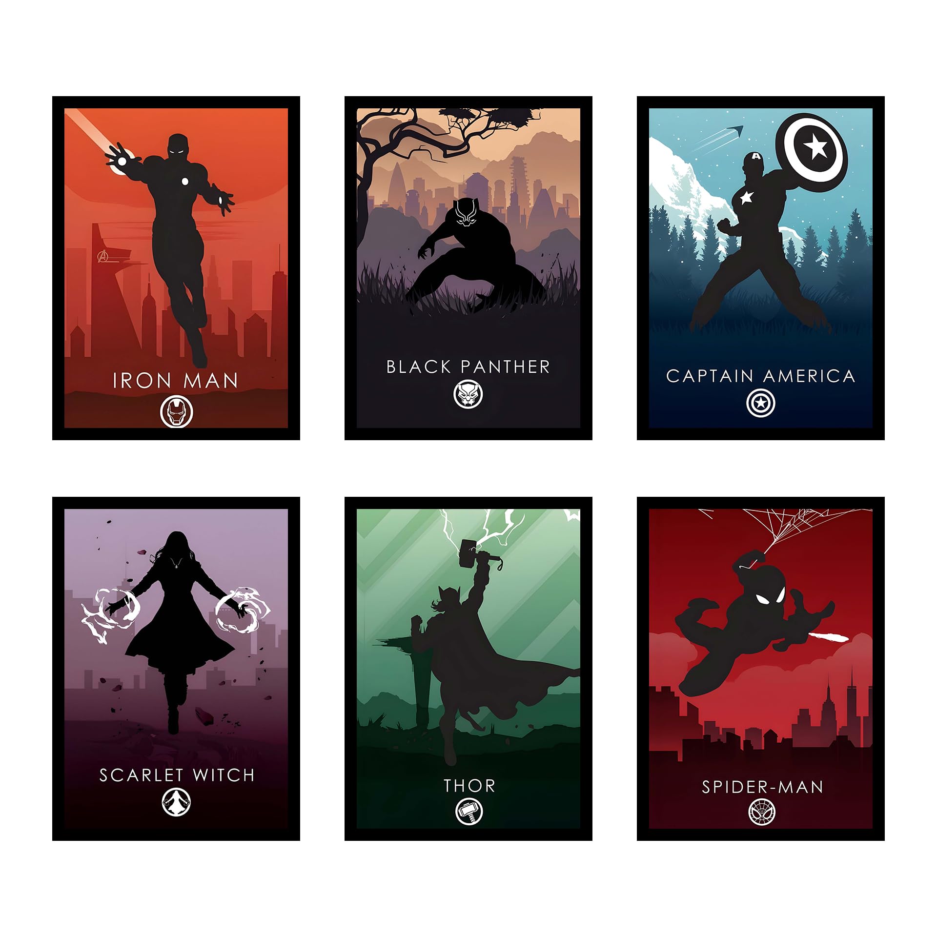 CodersParadise Superhero Wall Poster Frames - Pack Of 6 | 8 x 12cm (A4 Size) | Aesthetic Artwork Framed Posters | Framed Posters For Living Room, Bedroom, Home And Office