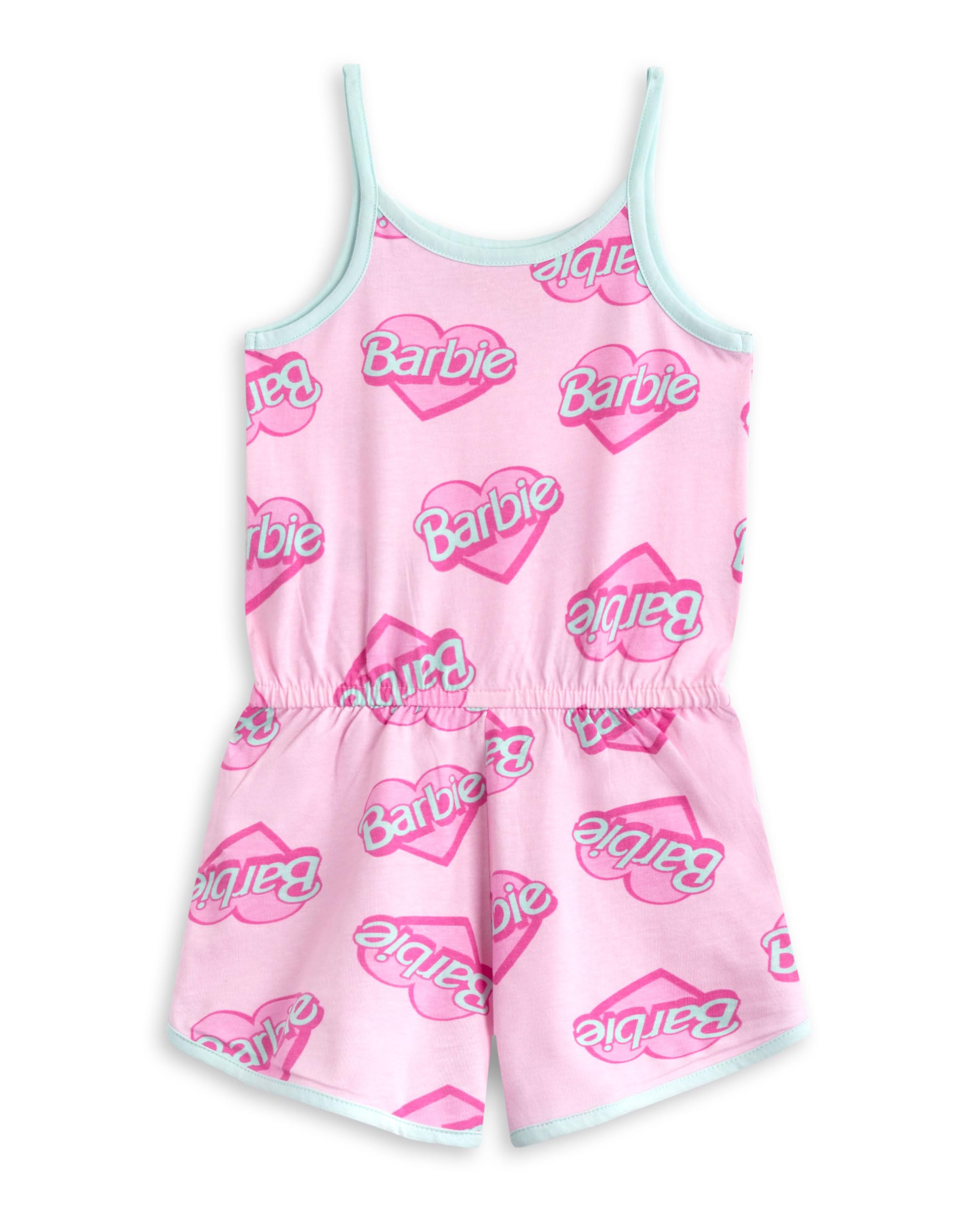 Barbie Tutina rosa senza maniche per bambine | Completo estivo con logo a cuore, elastico in vita e tasche | Abbigliamento casual leggero per bambini | Tutina con tenero cartone animato