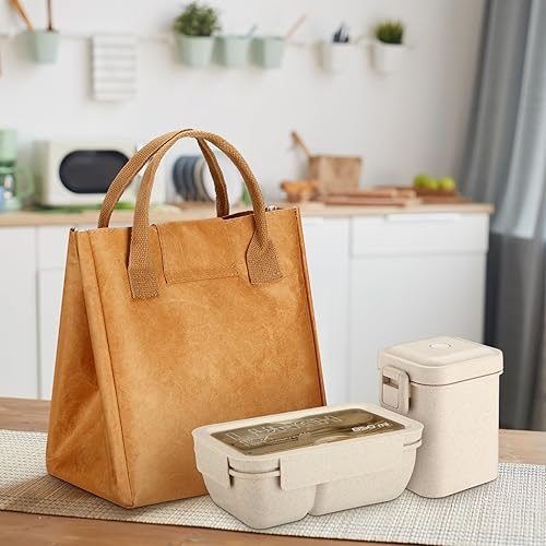 Miniatura 6 de Hushee Lonchera aislada con asa, recipientes de almuerzo de paja de trigo con 2 compartimentos, lonchera Bento y taza de sopa, reutilizable, color