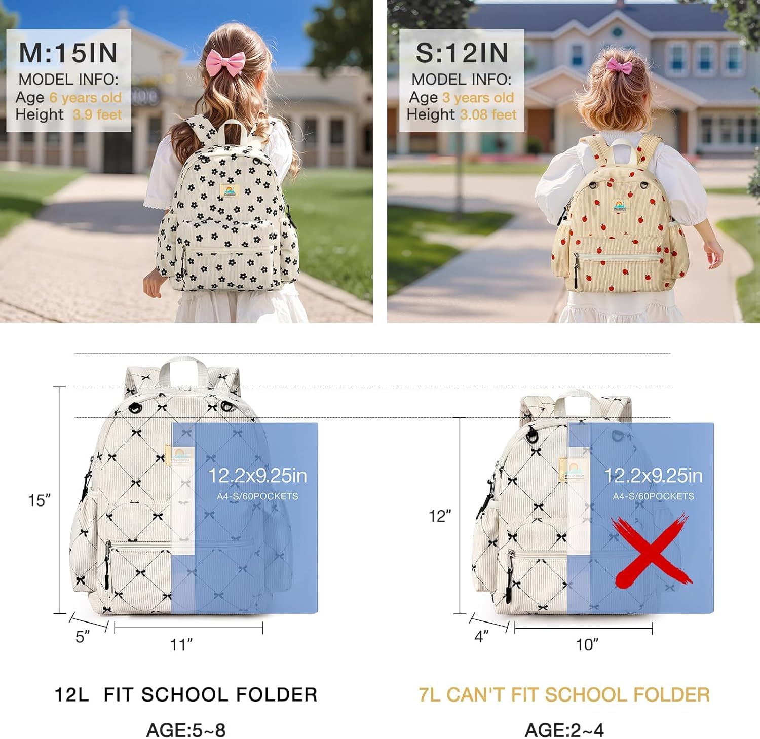 STEAMEDBUN Corduroy Kids Backpack for Girls and Boys 5-8: Girls Backpack for Elementary Kindergarten - 15 inch Cute Backpacks for Kids - Bow - Image 3