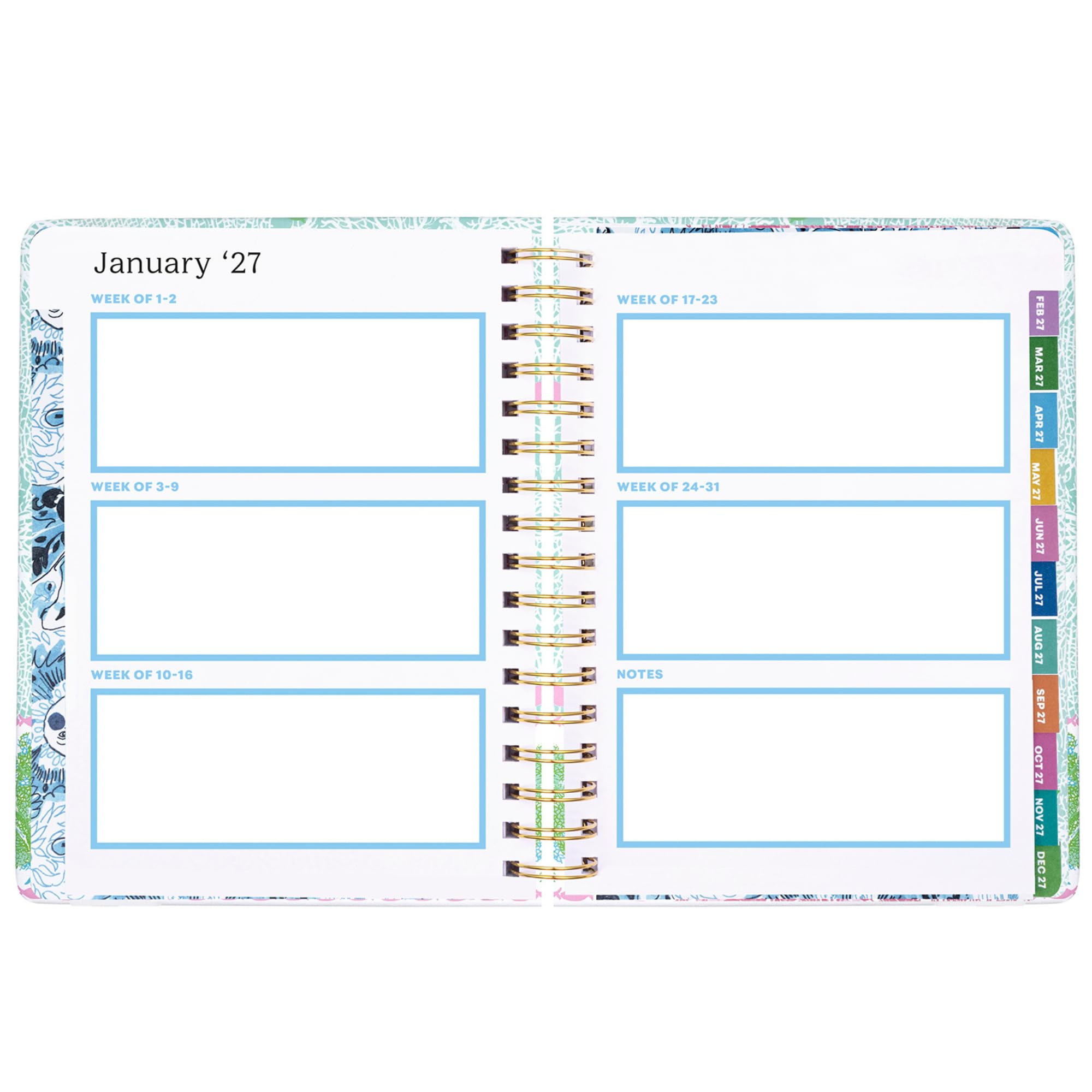 Lilly Pulitzer Grande agenda 17 mesi 17,1 x 22,5 cm, datata agosto 2026-dicembre 2027, rilegatura a spirale dorata e chiusura elastica, layout settimanali e mensili, adesivi, pagine di viaggio e