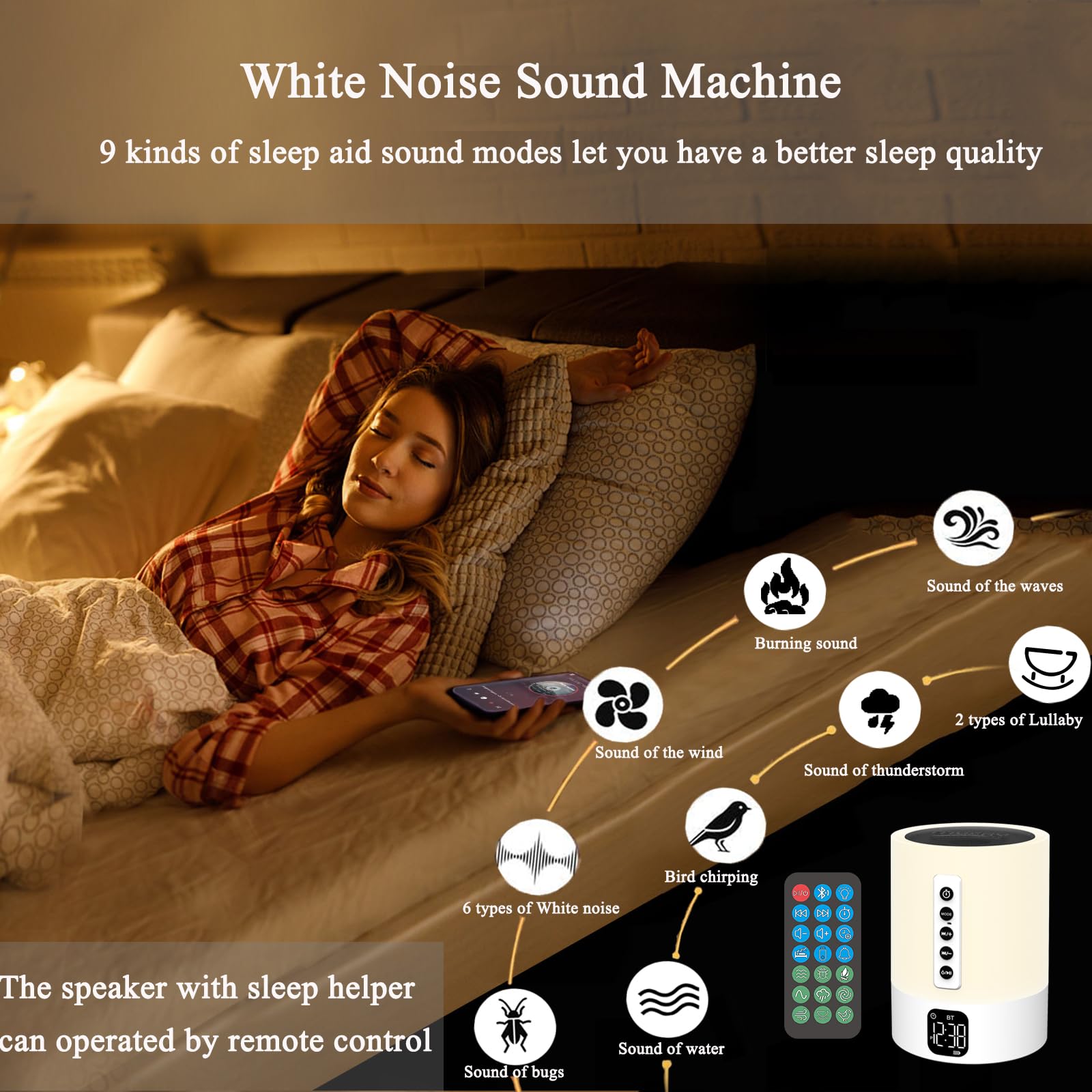 Biseoamz Altoparlante Bluetooth Multifunzione 5 in 1 con Luce, Sveglia Bambini, Macchina Rumore Bianco, Lampada da Comodino, Regalo per Ragazza Ragazzo Bambina, Regalo Donna, Idee Regalo Compleanno
