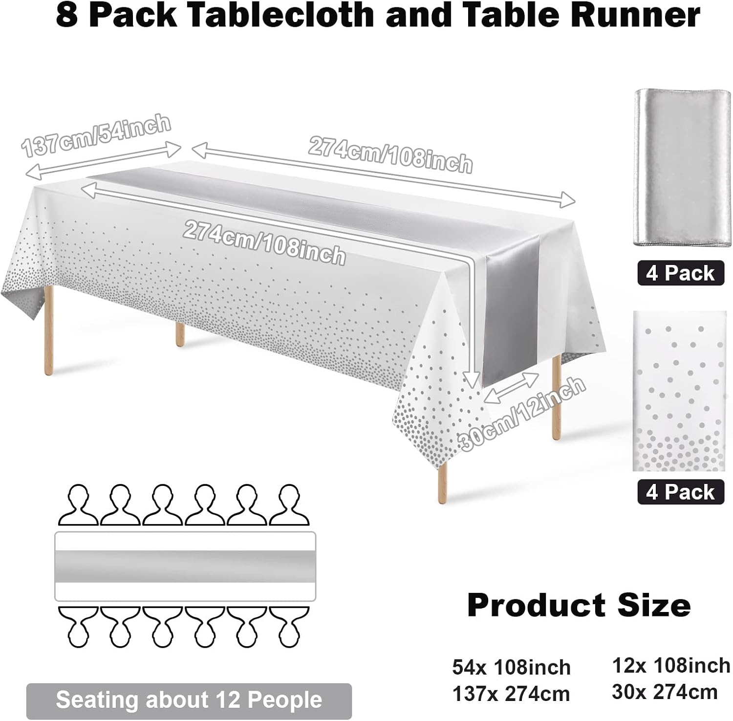 8Pack Disposable Plastic Tablecloths and Satin Table Runner Set White and Silver Dot Tablecloth Silver Satin Table Runner for Wedding Birthday Baby Shower Anniversary Christmas New Year Party Supplies