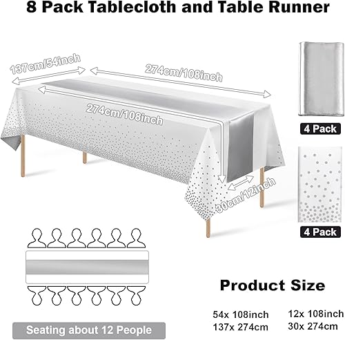 Miniatura 2 de Paquete de 8 manteles de plástico desechables y camino de mesa de satén, mantel de lunares blancos y plateados, camino de mesa de satén plateado