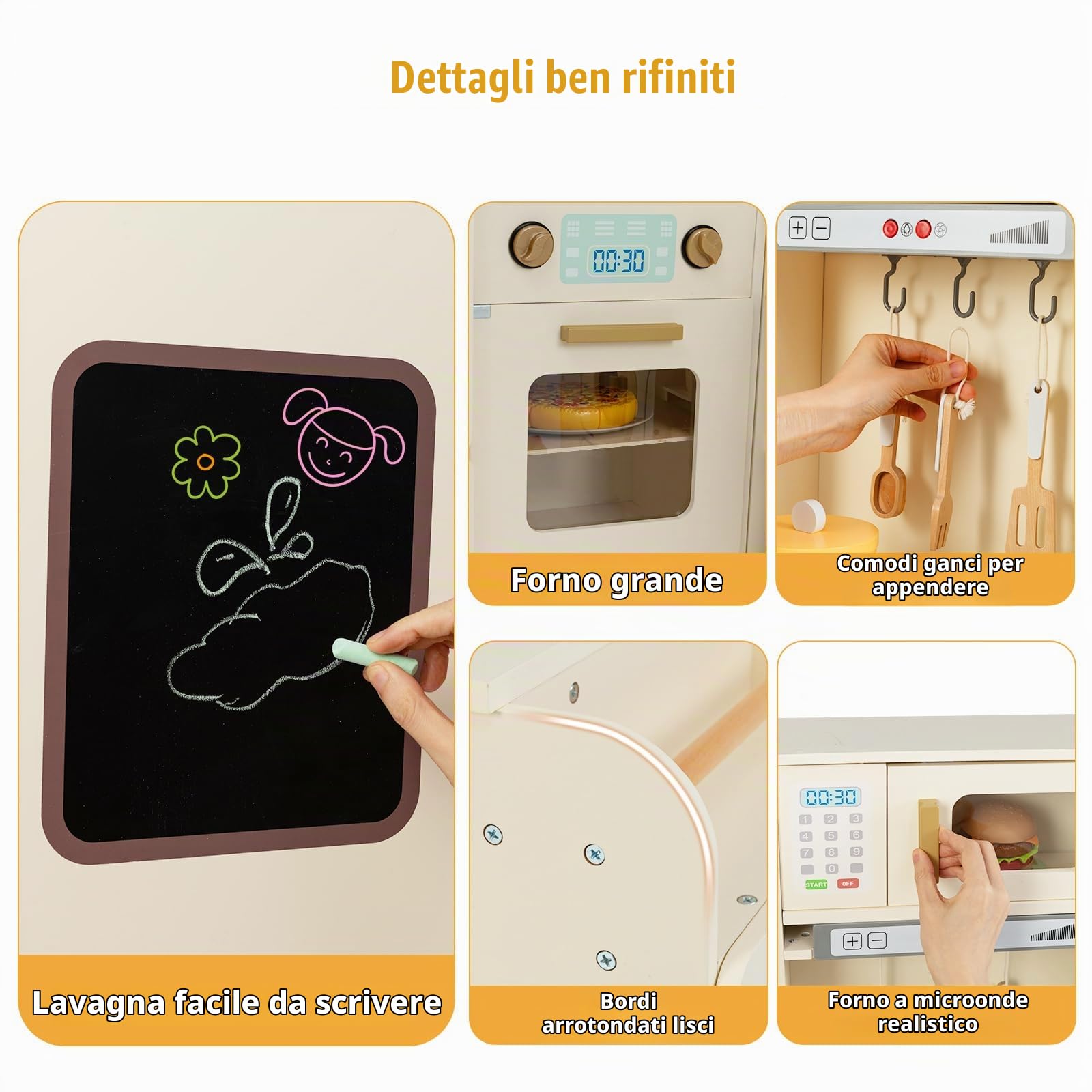 HOMASIS Cucina Angolare in Legno, Cucina Giocattolo con Luci e Suoni, inclusi 22 Accessori, Cestino della Spazzatura, Lavandino, Macchina del Gelato, Frigorifero, Lavatrice, per Bambini da 3+ Anni