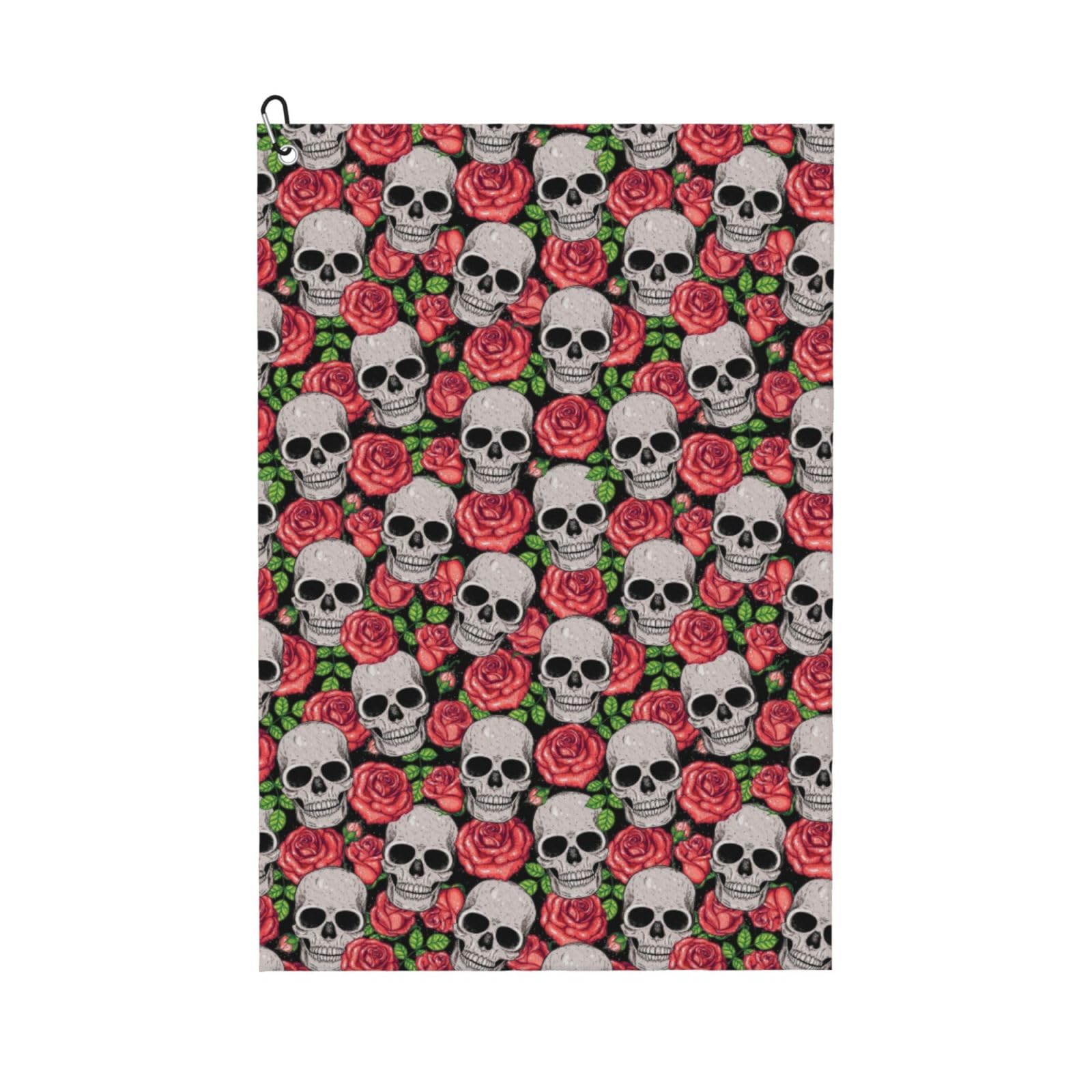 AOOEDM Skull and Roses Print Golf Towel with Carabiner Clip Absorbent Microfiber Golf Towel for Cleaning Golf Ball Club Putter Iron for Golf Bag Trolly Belt Loop 16" X 24"