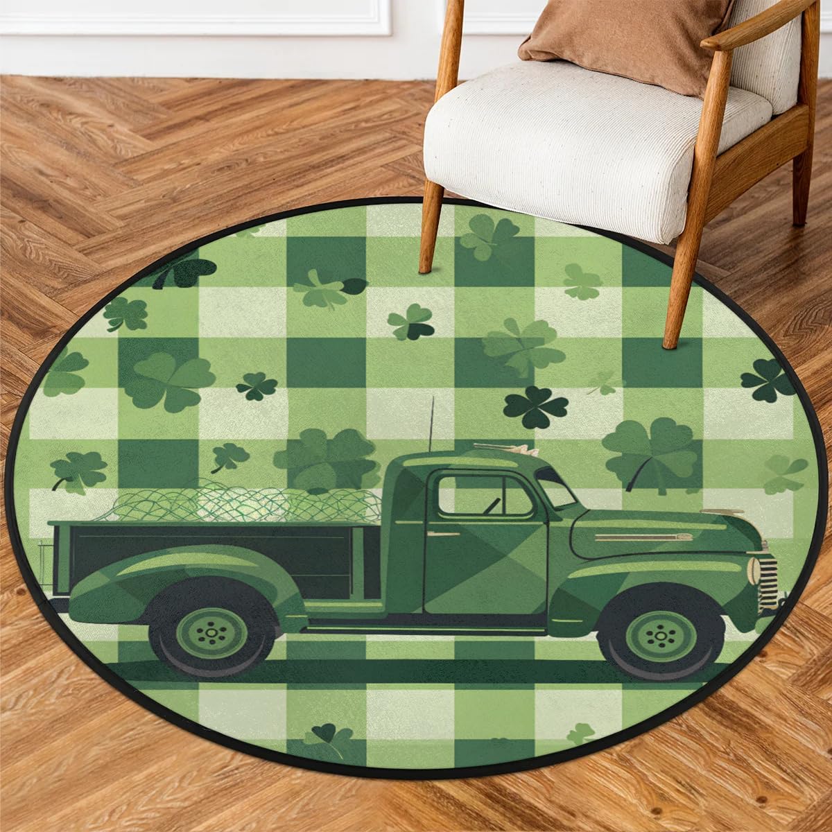 Rug Area, St. Patrick's Day Plaid Truck Rug Accent Anti-Slip Distressed Protector Gaming Computer Chair Mat Throw Rugs Floor Carpet for Living Room Bedrooms Laundry Decor Gaming Diameter 33.88in