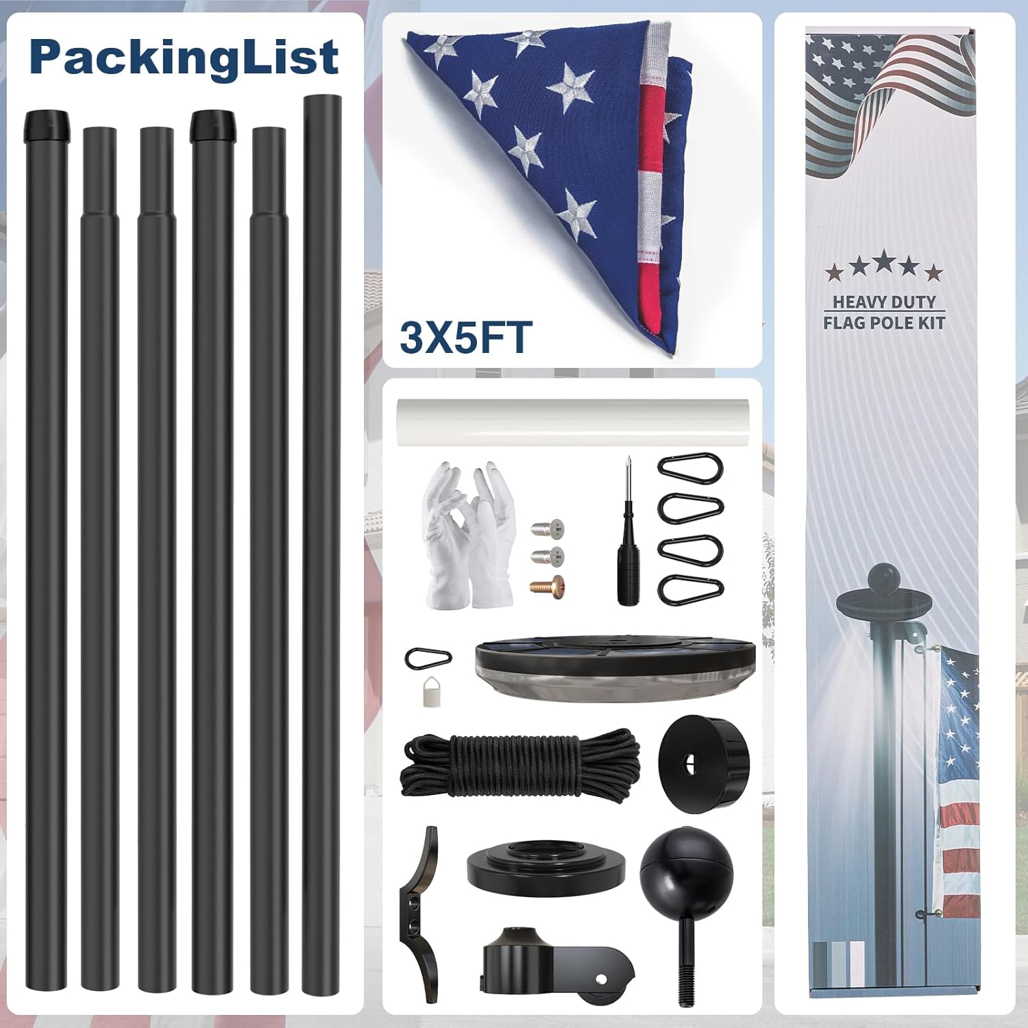 25 FT Black 11‑Gauge Heavy Duty Flag Pole with Solar Light, Aluminum Flagpole Kit with 3x5 Embroidered USA Flag for Outside House In‑Ground,Commercial,Residential,Resistance High Winds