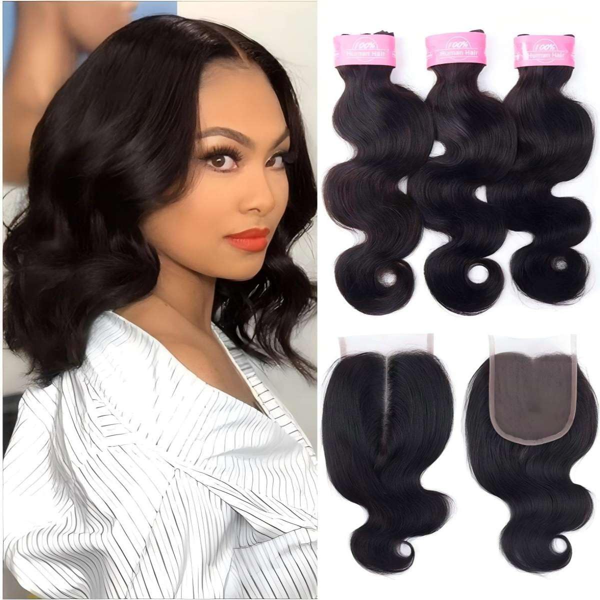 Sexycat Body Wave Bundles with 4x4 T Part Lace Closure Human Hair 10 12 14+10 Inch 100% Unprocessed Brazilian Virgin Hair Extensions Weave Weft Bundles with T Part Closure