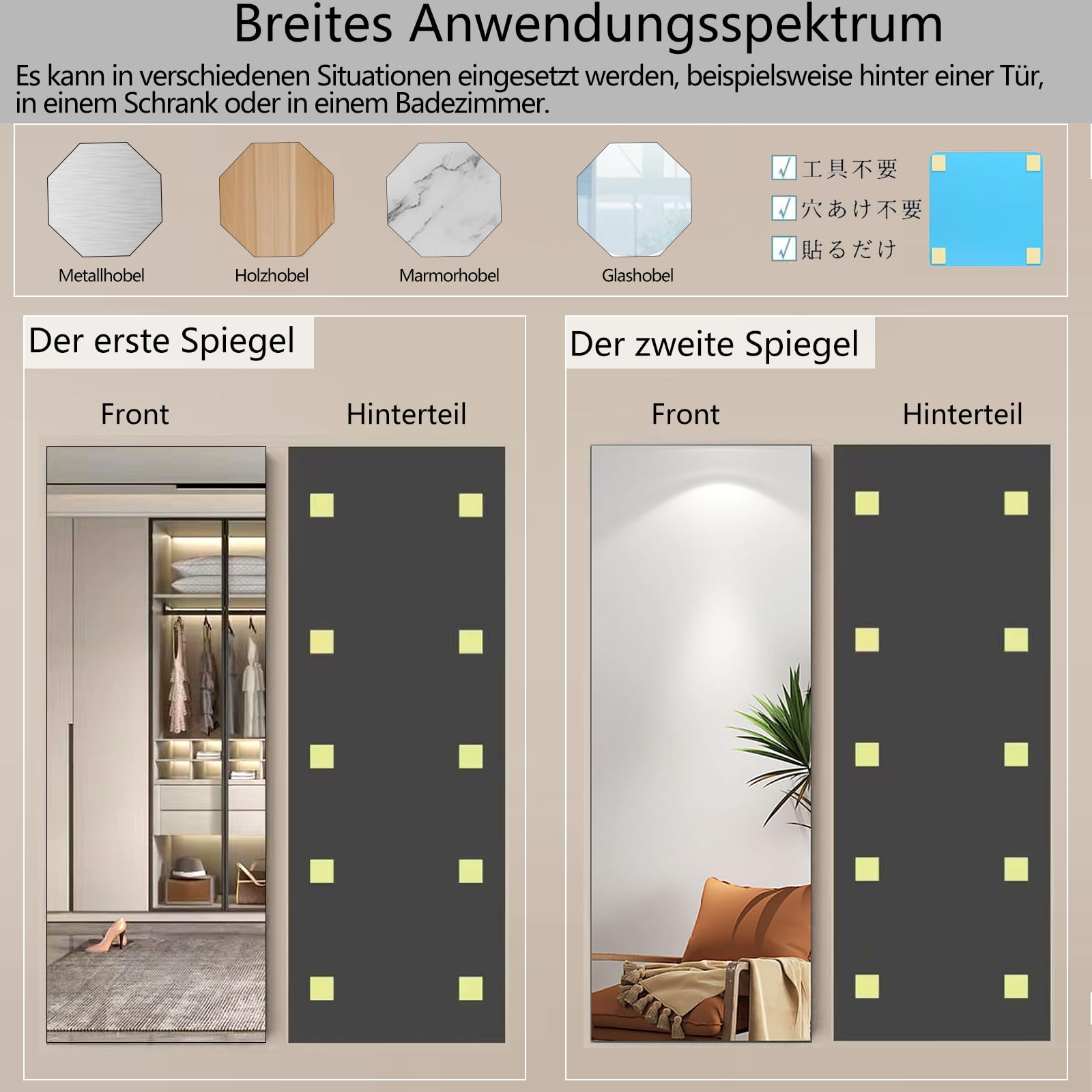 Selbstklebender Wandspiegel(40x120cm 2 Stück) Acryl Klebespiegel Ganzkörperspiegel 2mm Dicke,Spiegel zum Kleben für Tür,Schlafzimmer,Wohnzimmer&Kinderzimmer,DIY Spiegelfliesen selbstklebend