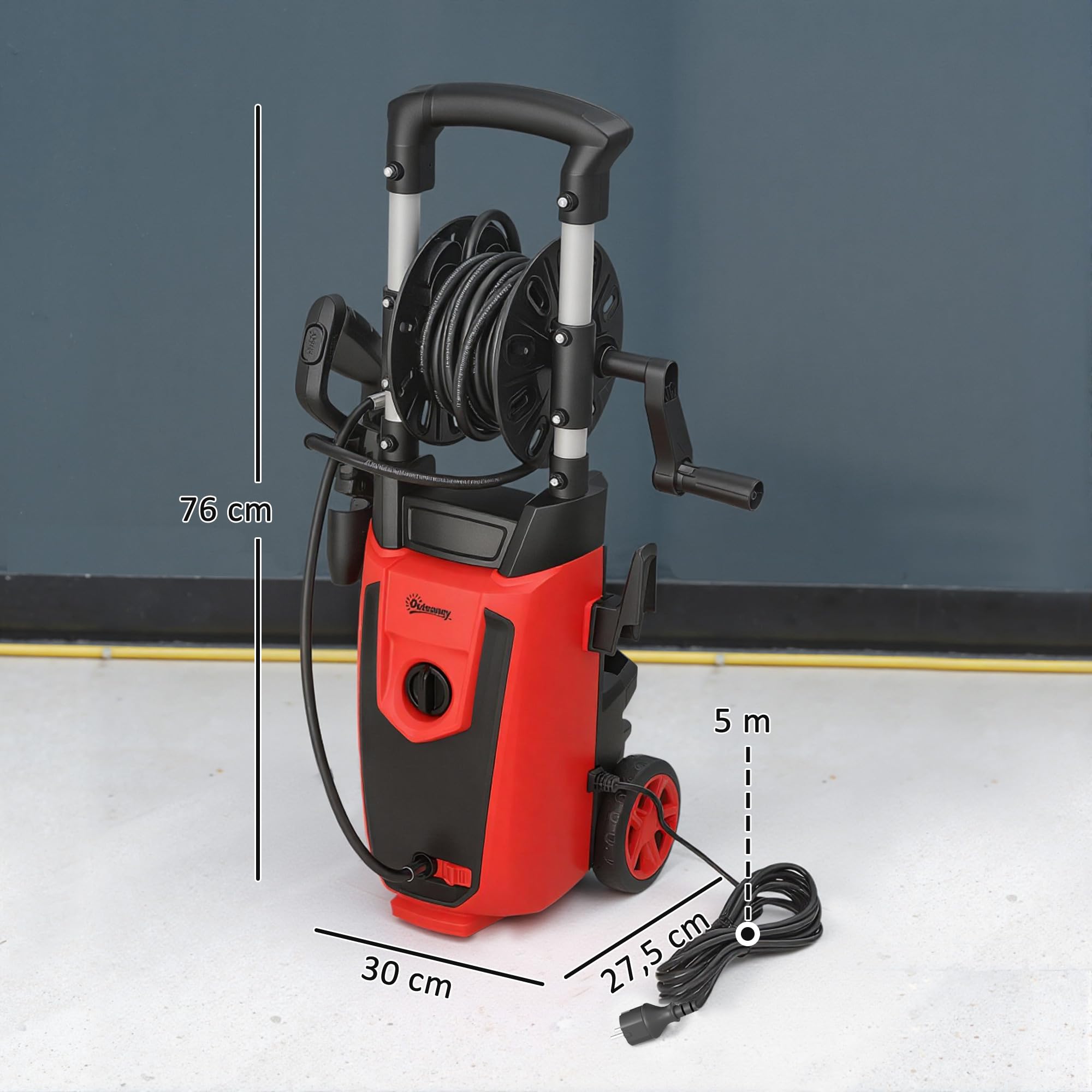 Outsunny Hidrolimpiadora de Alta Presión 1800W, Presión 150 Bar, Caudal 420 L/h, con Bomba de Aluminio, Parada Automática, Manguera de 6 m, Incluye Botella de Espuma y Boquilla Ajustable, Rojo y Negro