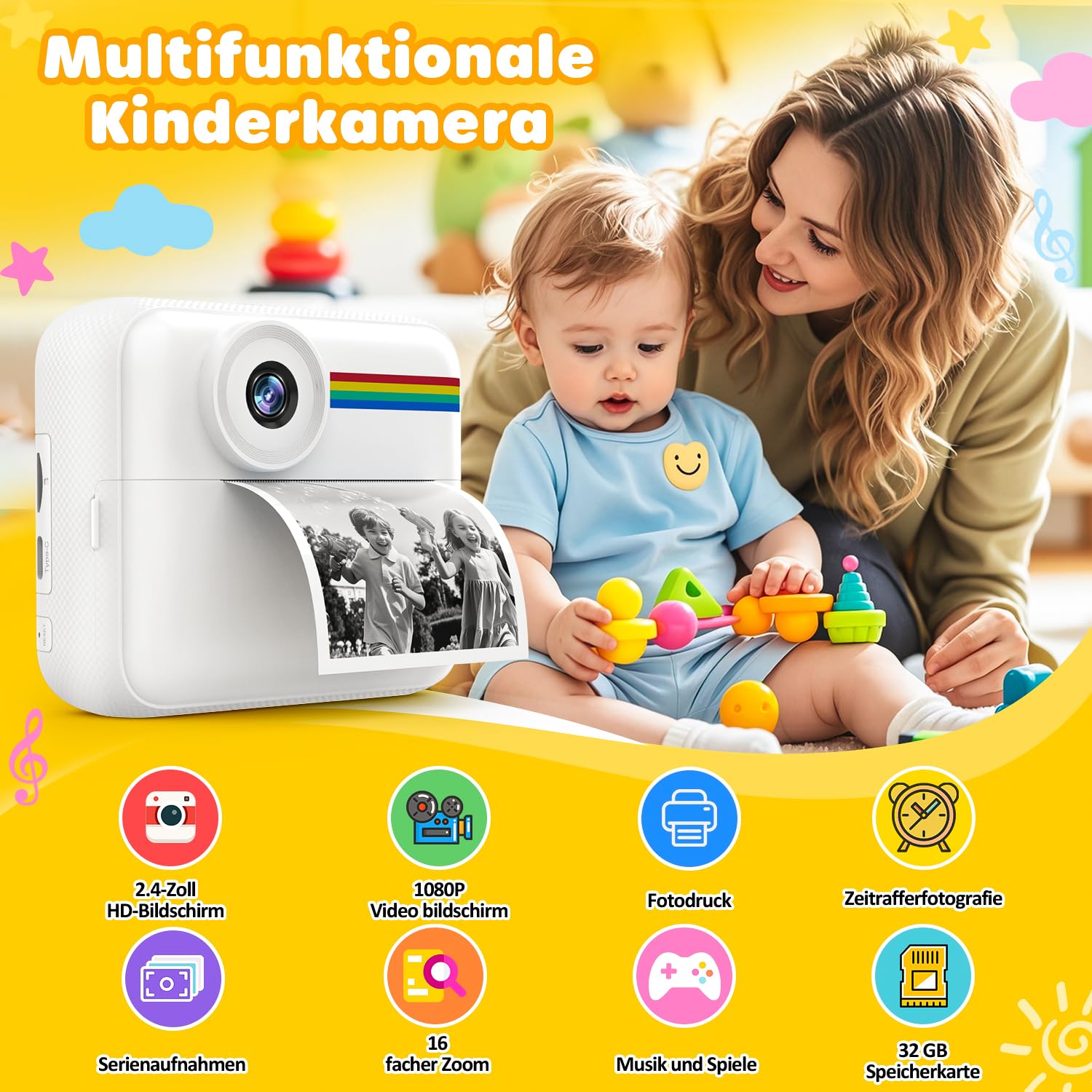 Kinderkamera 48MP mit 2.4 Zoll HD Bildschirm 1080P Video Sofortdruck 32GB Speicherkarte