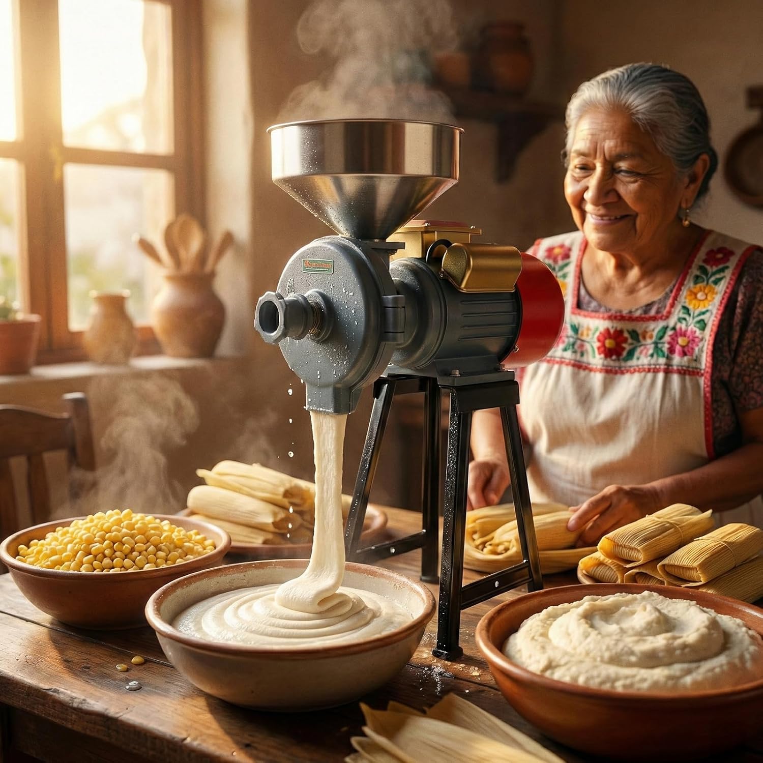 Molino de Maiz Electrico 3000W Comercial - Máquina Trituradora de Granos Secos y Húmedos - Molino para Moler Maiz, Nixtamal, Masa para Tamales y Tortillas - Hierro Fundido (Azul)