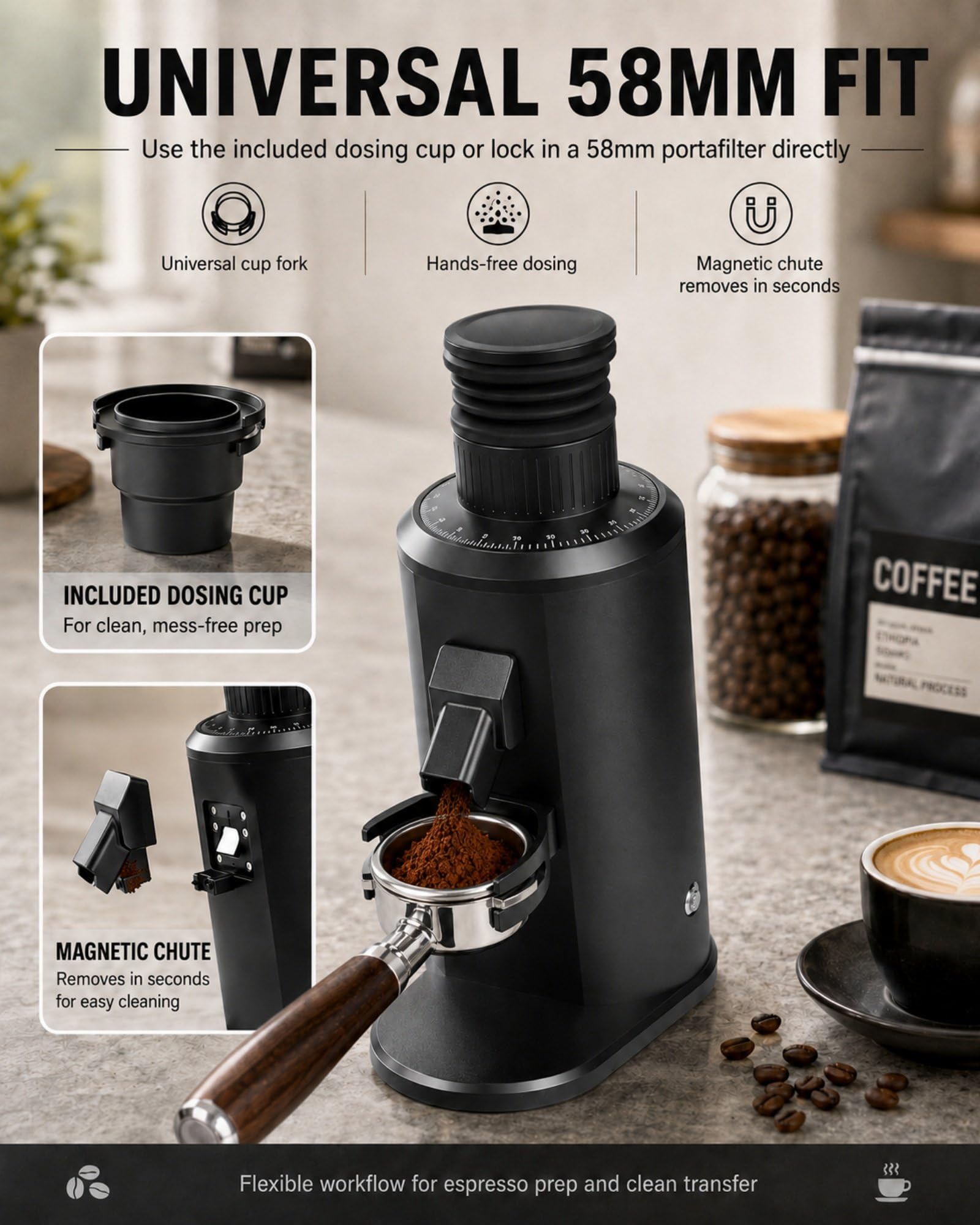 Molinillo de Café Single Dose 80mm, Molinillo Espresso Eléctrico con Muelas Planas, Ajuste 0-100, Velocidad 800-1600 RPM, Depósito 70g, Compatible Portafiltro 58mm, 550W Black