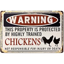 Funny Chicken Coop Sign - "Warning Property Protected by Chickens" Decorative Metal Sign for Farm, Home, or Garden 12" * 8" 219