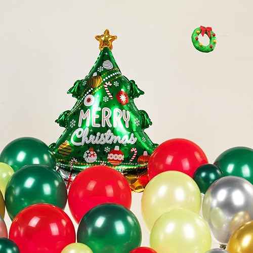 Miniatura 5 de Kit de arco de guirnalda de globos de Navidad, 150 globos rojos, verdes, dorados, plateados con bastón de caramelo, reno, piruleta, árbol de