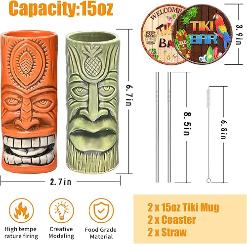 Miniatura 2 de SuproBarware Tiki - Juego de 2 tazas de cóctel hawaianas grandes con pajitas y posavasos, lindos vasos de cóctel exóticos para fiesta Tiki Bar y
