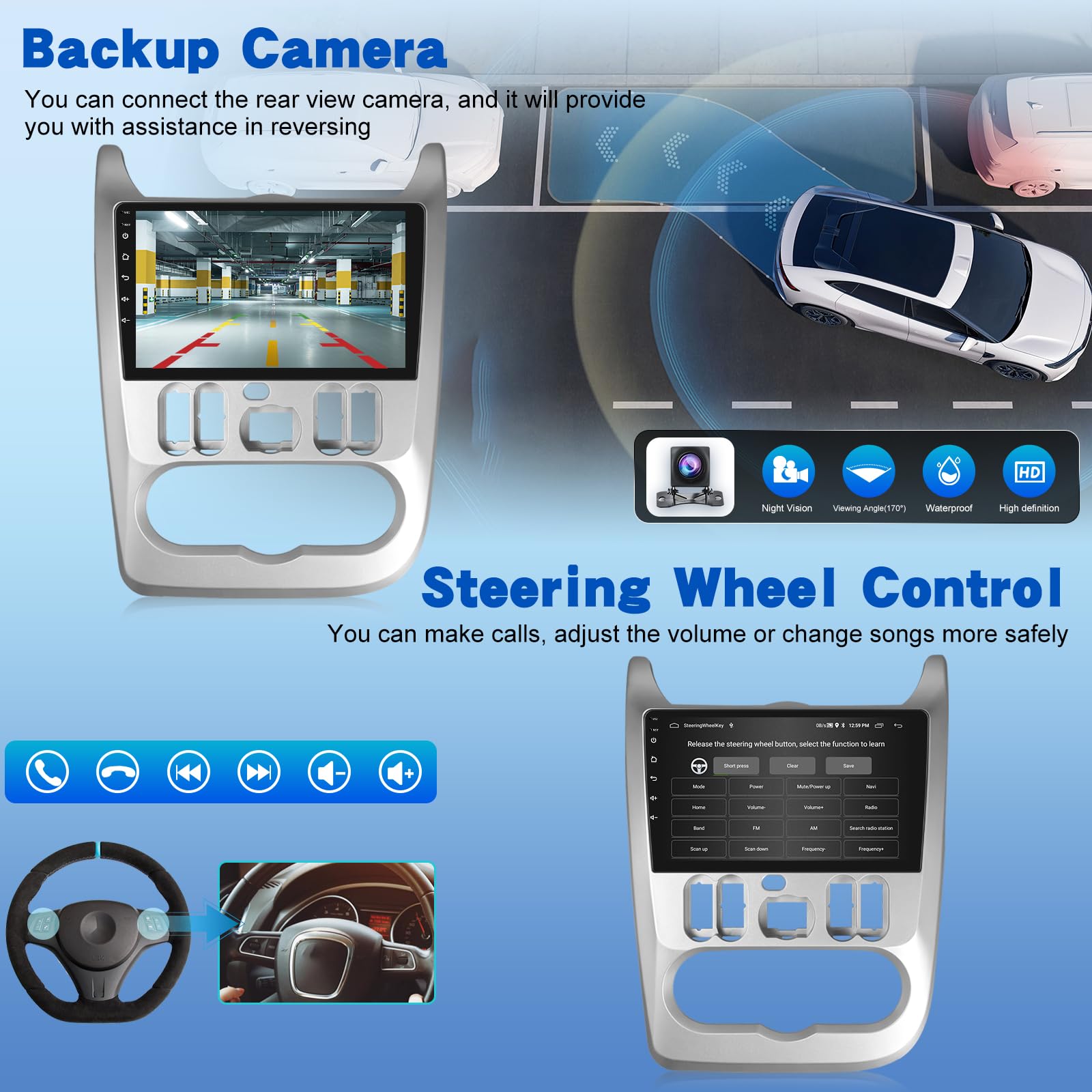 [2G+64G] Android Autoradio pour Renault Logan 1 Sandero 2009-2015/Dacia Duster 2010-2017 avec sans Fil Carplay et Android Auto, Écran Tactile HD de 9 Pouces avec GPS/WiFi/Bluetooth/EQ/FM RDS