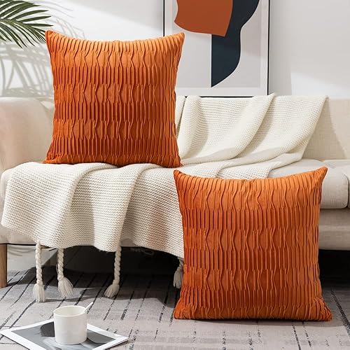 Miniatura 3 de Paquete de 2 fundas de almohada de terciopelo naranja con rayas onduladas decorativas de otoño, fundas de cojín lujosas y suaves para sofá rural y