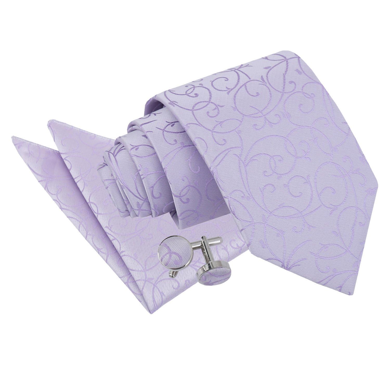 Dqt Men's Lilac Swirl Floral Jacquard Tie, Pocket Square & Cufflinks Set (3Pc) - Wedding, Business & Formal