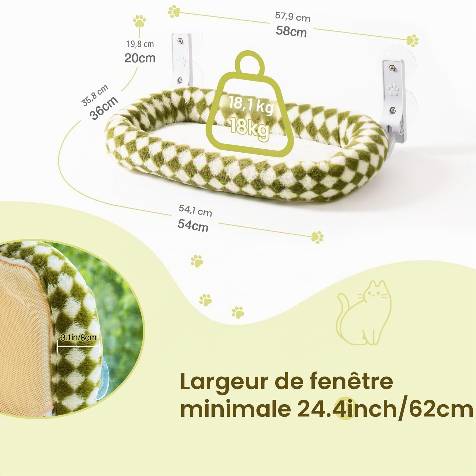 EDAGNY Pliable hamac Chat fenetre Mignon Removable Mat capacite 18kg Vert M