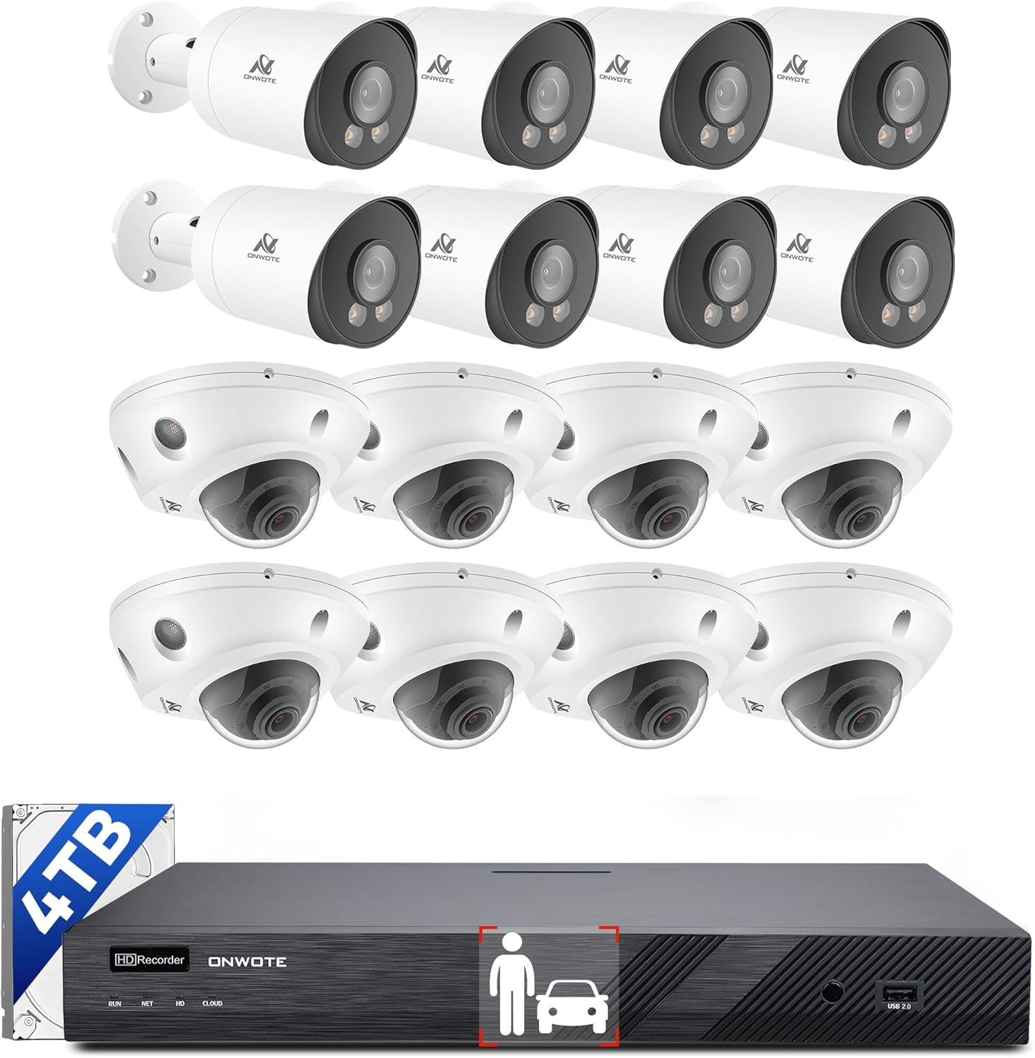 ONWOTE 12MP NVR 16 Channel Security Camera System, 16x 5MP 30FPS Outdoor PoE IP Cameras with Audio, Smart AI Color Night, 16CH 6K 4K Commercial NVR 4TB, 16x Cables(Total 1280ft), CCTV for Business