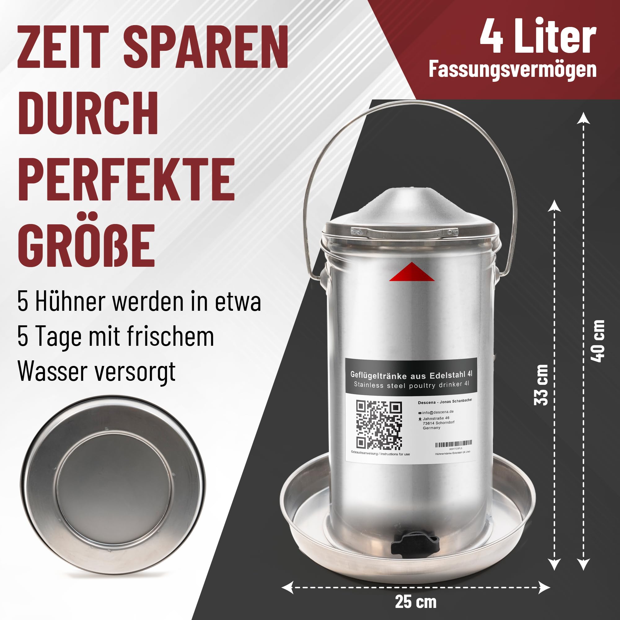 Descena Hühnertränke Edelstahl 4L – Geflügeltränke von Oben befüllbar | Rostfreier Edelstahl 304 (V2A), automatische Wasserregulierung, spülmaschinengeeignet, Tränkenwärmer-kompatibel