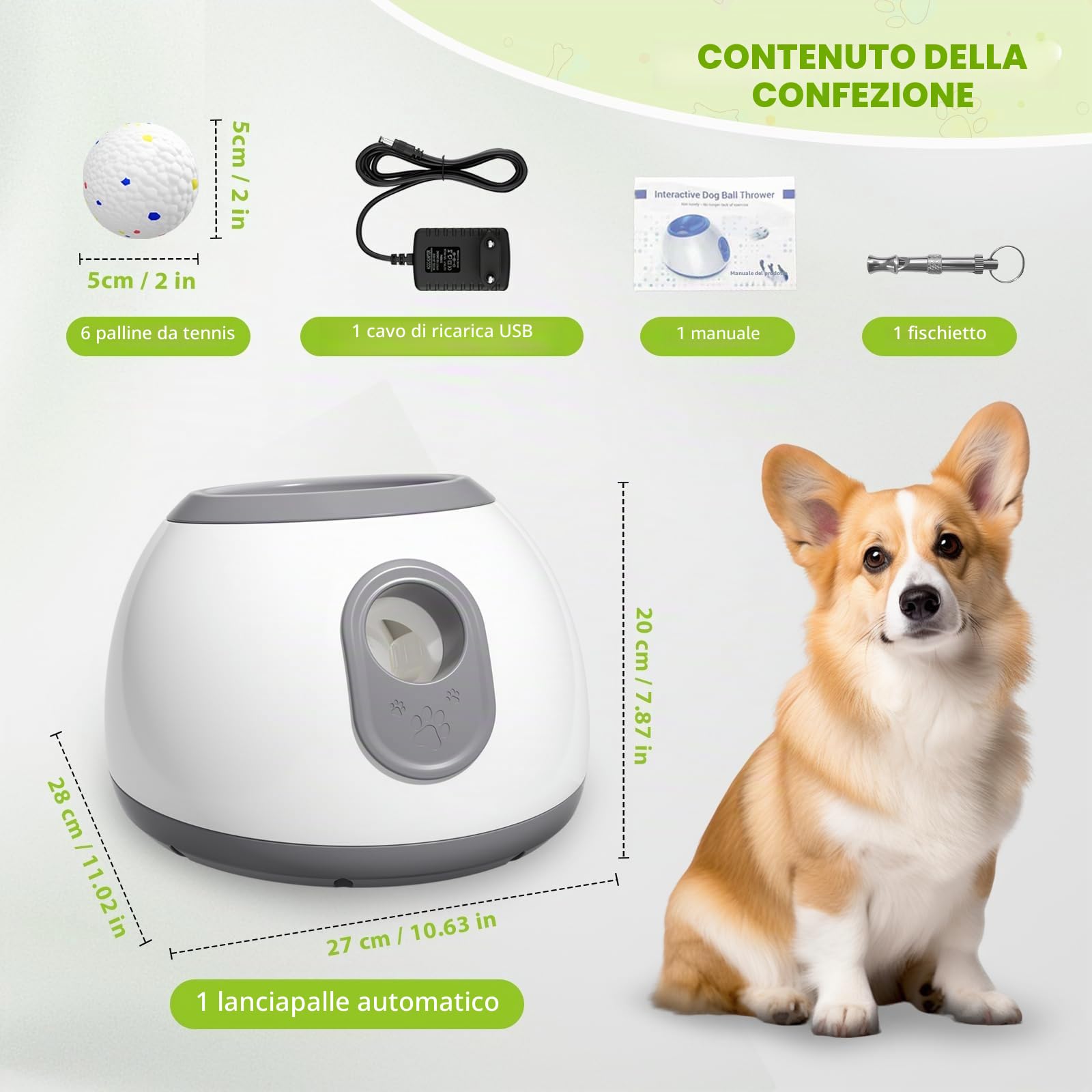 lancia palline per cani,lancia pallines per canii automatico con 6 pallinee da tennis da 2'',palla interattiva per canii distanza regolabile 10/20/30ft spara pallines per cani giochi