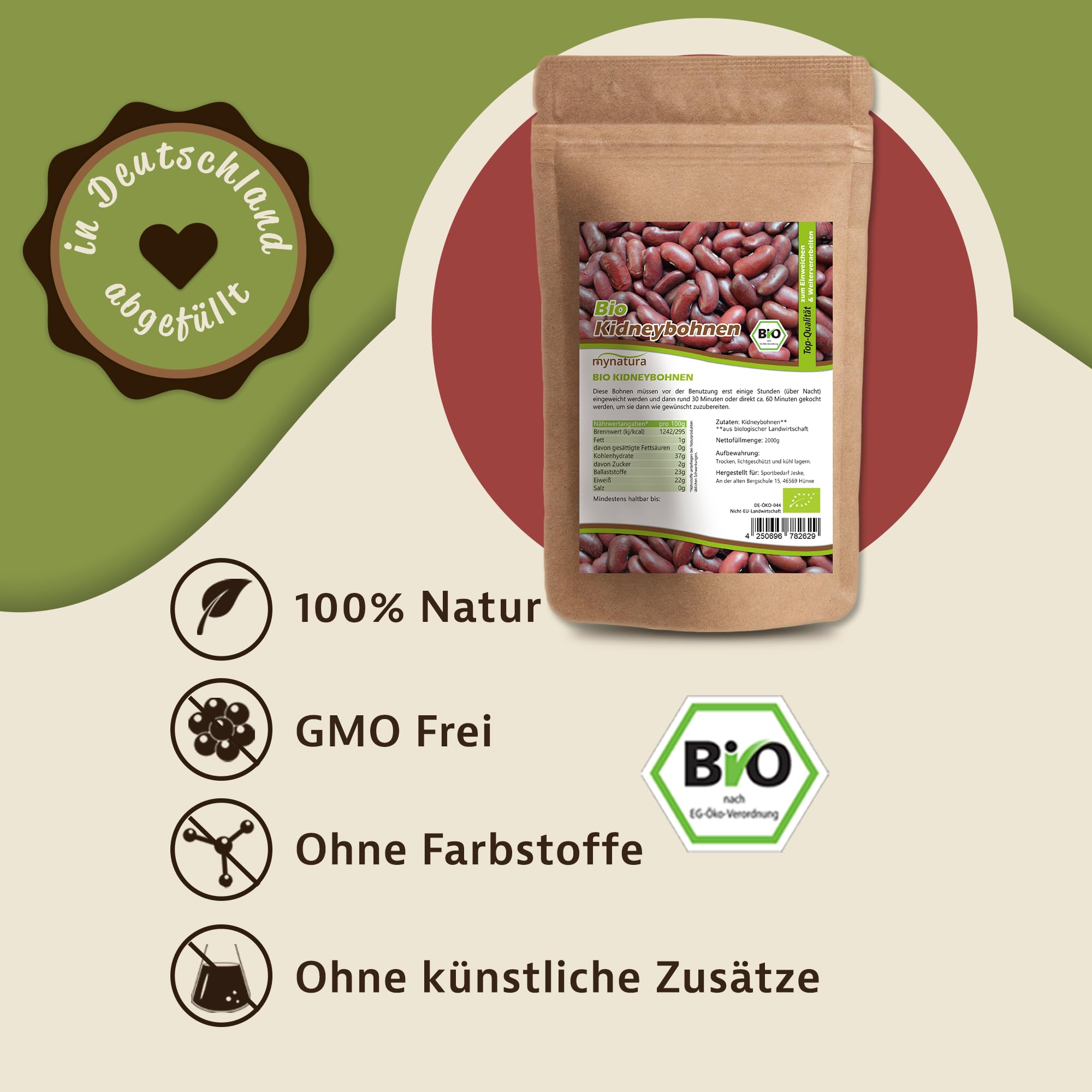 Mynatura Bio Kidneybohnen I Bohnen I Zum Einweichen und Weiterverarbeiten I Beans I Rote Bohnen I Kidneybeans I Im Beutel (2x 2kg)