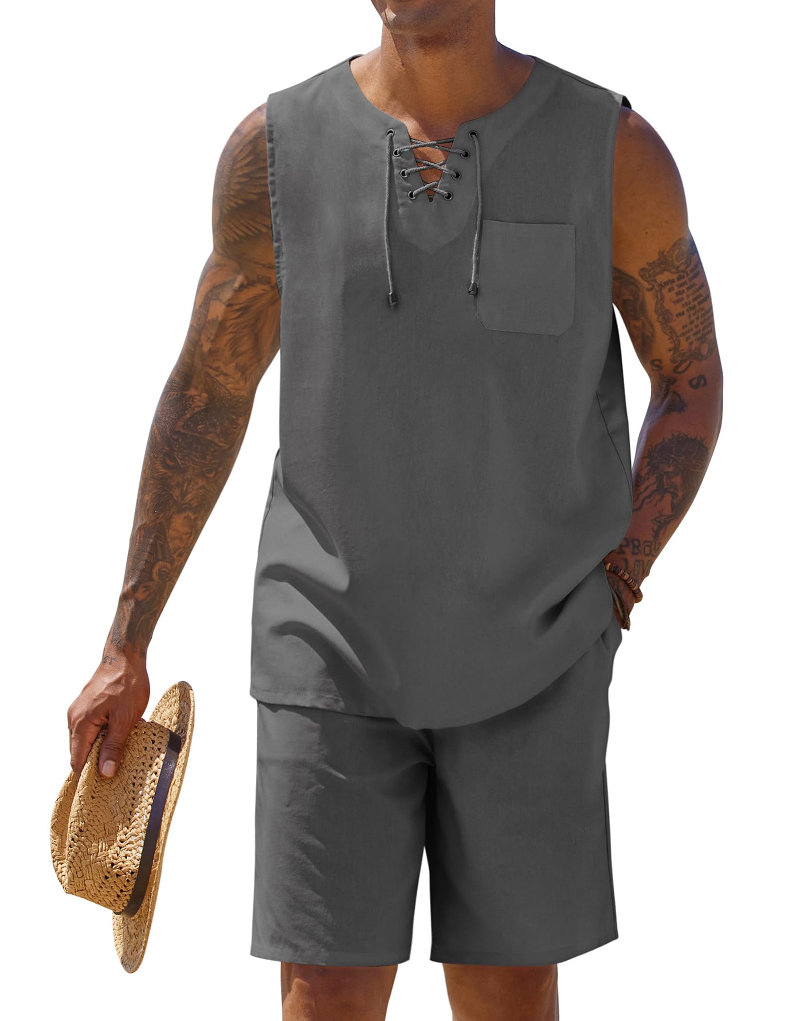 COOFANDYMens Linen Sets Outfits 2 Piece Beach Drawstring Tank Tops Sleeveless Shirt Matching Shorts Set Hippie Wedding