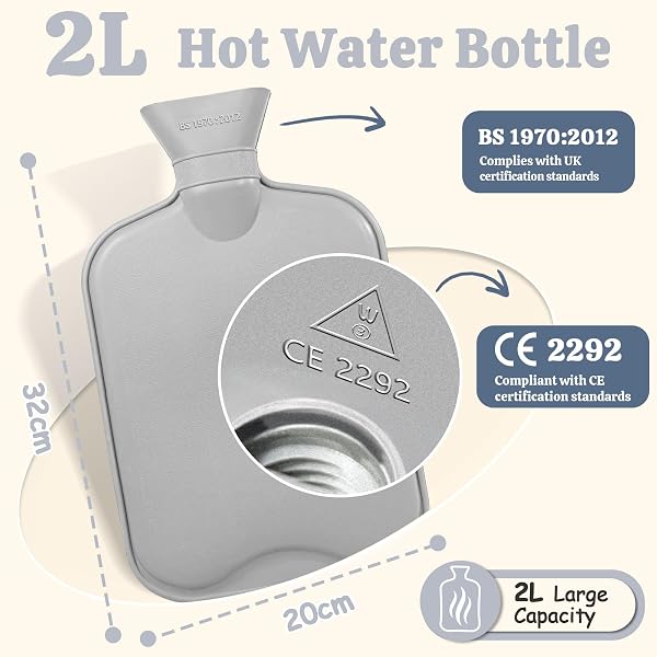 HAOCEE Bouillotte Eau Chaude,2L Grande Bouillotte Moelleuse, Bouillottes Avec Poche Kangourou, Bouillotte Chaude Chauffe Main/Ventre/Cou, Bouillote Antifuite(Gris) - 2